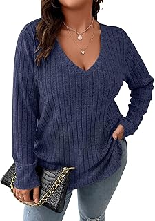 Women Plus Size Casual Knit Sweater V Neck Solid Color...