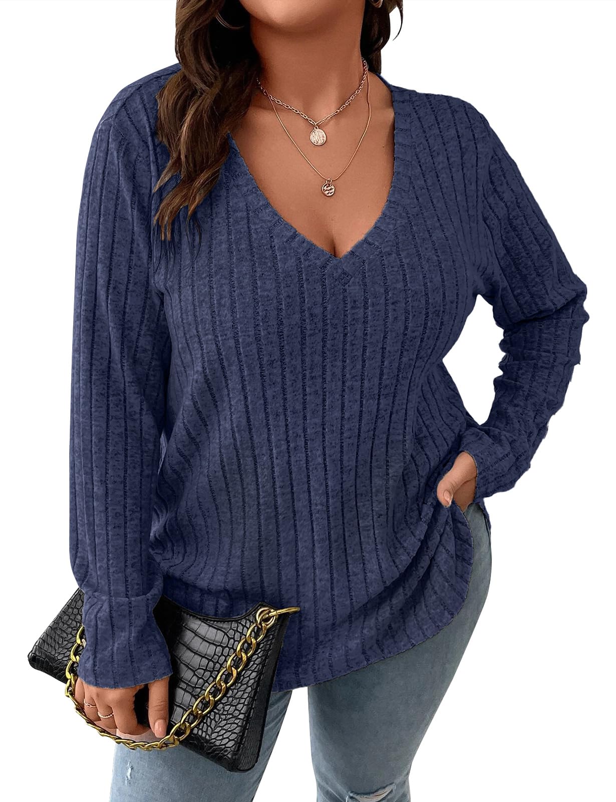 GemulatePlus Size Jumpers for Women Long Sleeve Tops Casual Ladies Loose V Neck Lightweight Sweatshirts Sweater (XL-5XL)