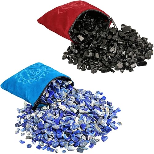 SUNYIK Paquete de 2 almohadas de cristal de turmalina negra y lapislázuli con piedras rodadas, raíz y garganta, para curación de reiki, 0.5