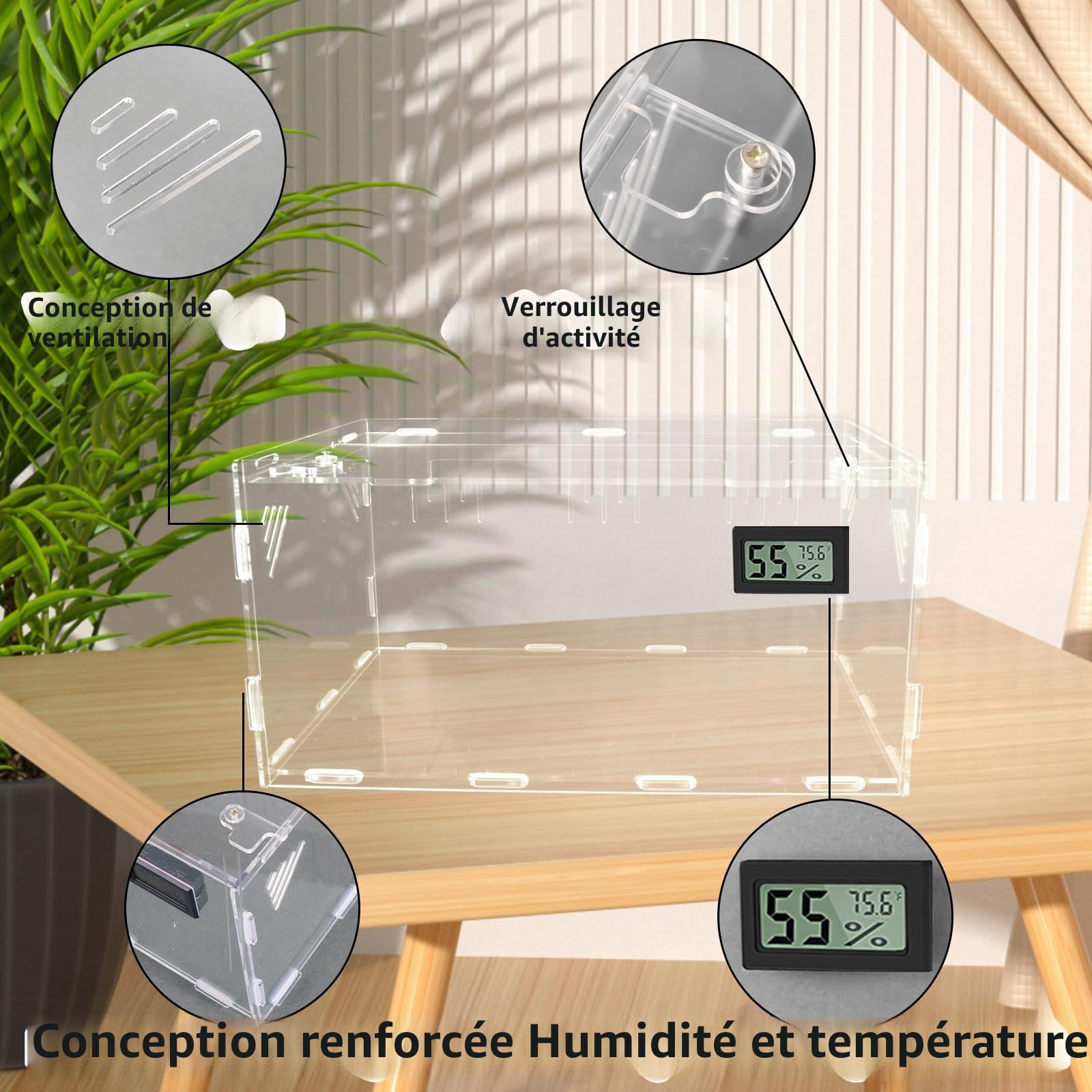 Terrarium Tank, Boîte à Nourriture Transparente en Acrylique pour Reptiles avec Hygromètre de Température