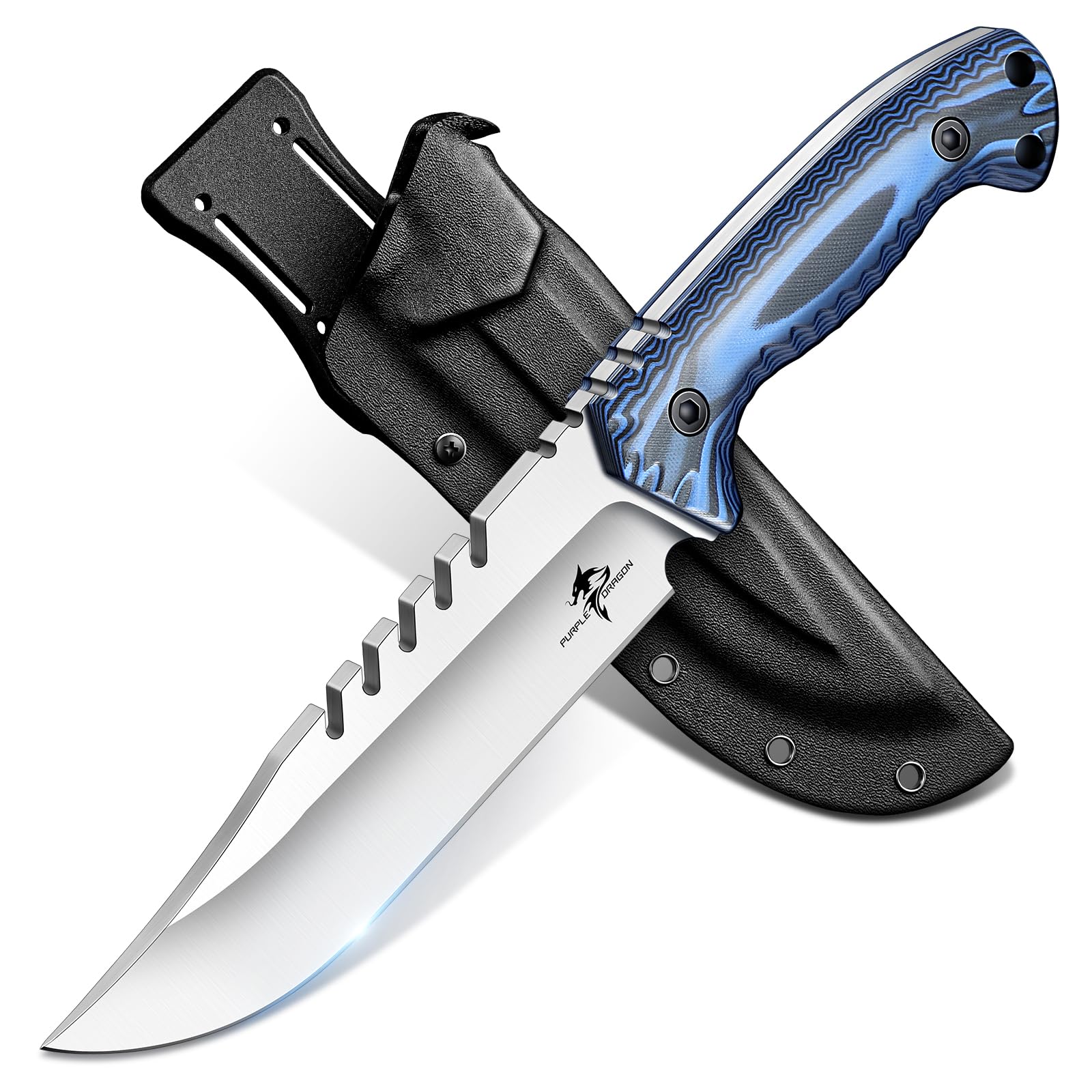 Purple Dragon Full Tang D2 Stahl Outdoor Survival Messer - 6 mm Dicke Klinge, G10 Griff & Kydex Scheide - Robustes Camping Messer für Wildnis und Überlebensaktivitäten Geschenk für Männer