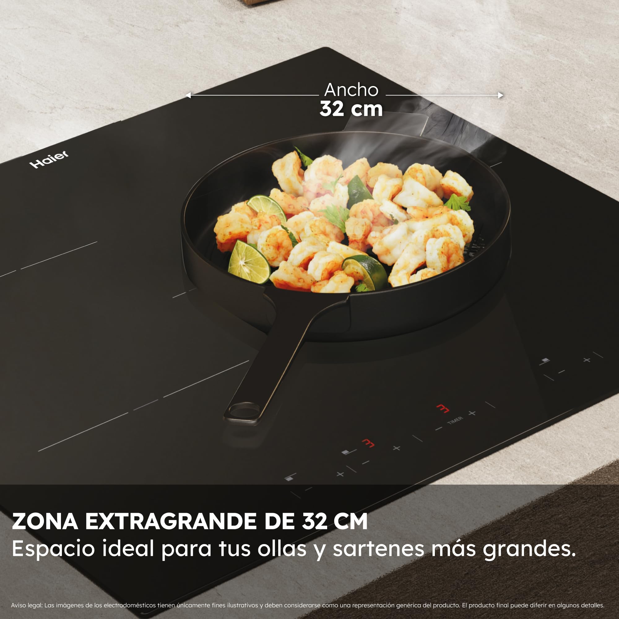 Haier Series 2 HAI63DC Placa de Inducción, 3 Zonas de Cocción, Ancho 60cm, Controles Independientes, 9 niveles de potencia + Booster, Zona Paellera de 32cm, Potencia 7,1kW, Negro