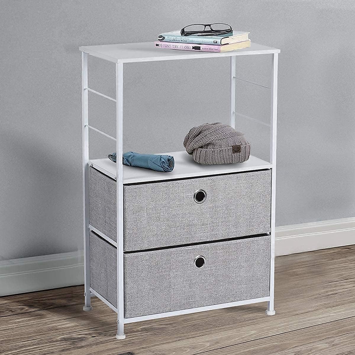 2-Drawer Nightstand with Shelf Storage Bedside Furniture & Accent End Table Chest for Home, Bedroom, Office, College Dorm, Steel Frame, Wood Top, Easy Pull Fabric Bins (White/Gray)