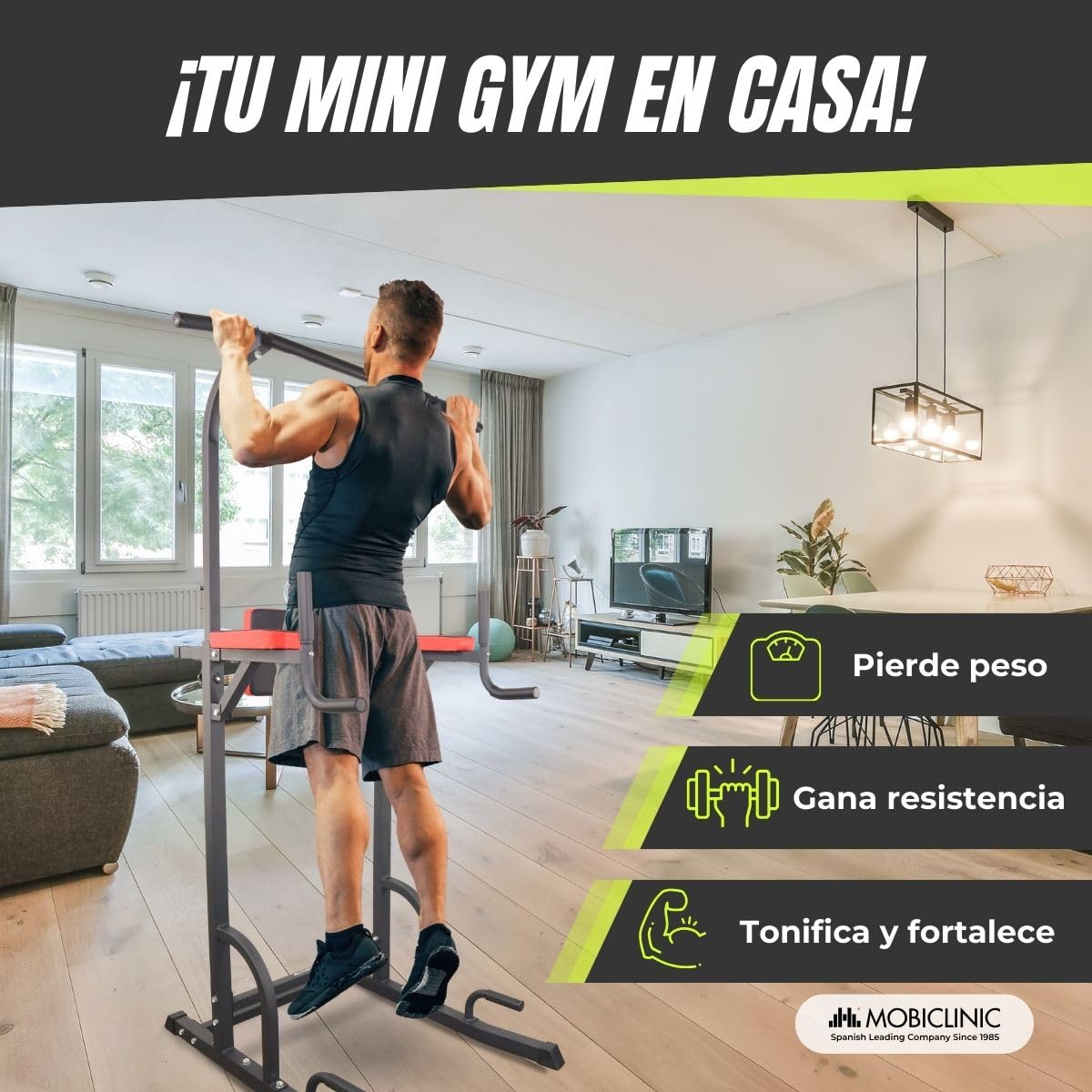 Mobiclinic®, Estación de fondos, Ajustable en 8 Alturas, Respaldo regulable, Resistente, Dominadas, Torre Multifuncional, Power Tower, Gimnasio en Casa, Pull-up, Multifit
