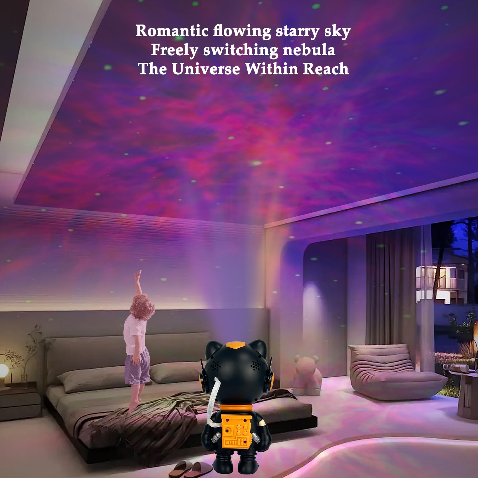 Lampada LED Gatto Astronauta Proiettore Stelle,Proiettore Lampada LED Ricaricabile per Bambini Girevole a 360°,Luce Notturna Neonato Soffitto Con 12 Effetti Di Luce,Telecomando,Cavo Dati USB