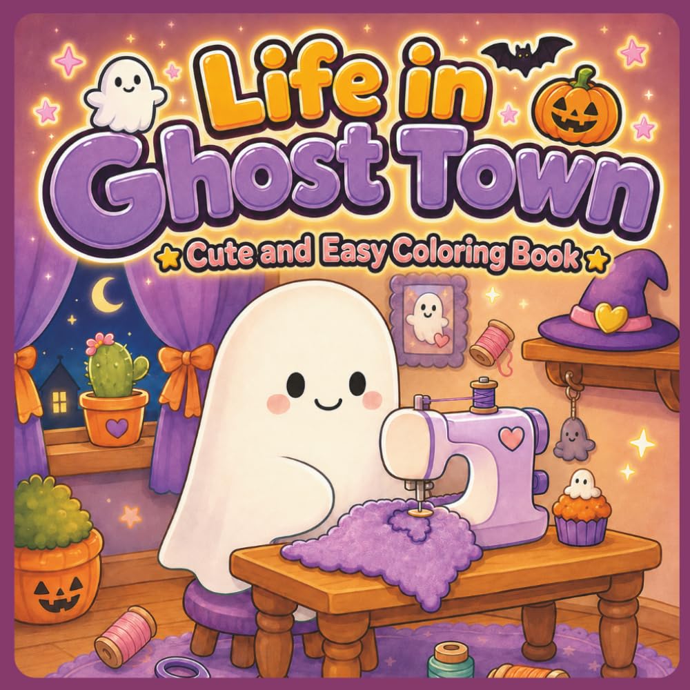 Life in Ghost Town Cute and Easy Coloring Book: 40 Bold and Easy Coloring Pages of Adorable Ghosts, Sweet Treats, Cozy Cafés, Pumpkin Patches, and Whimsical Halloween Adventures