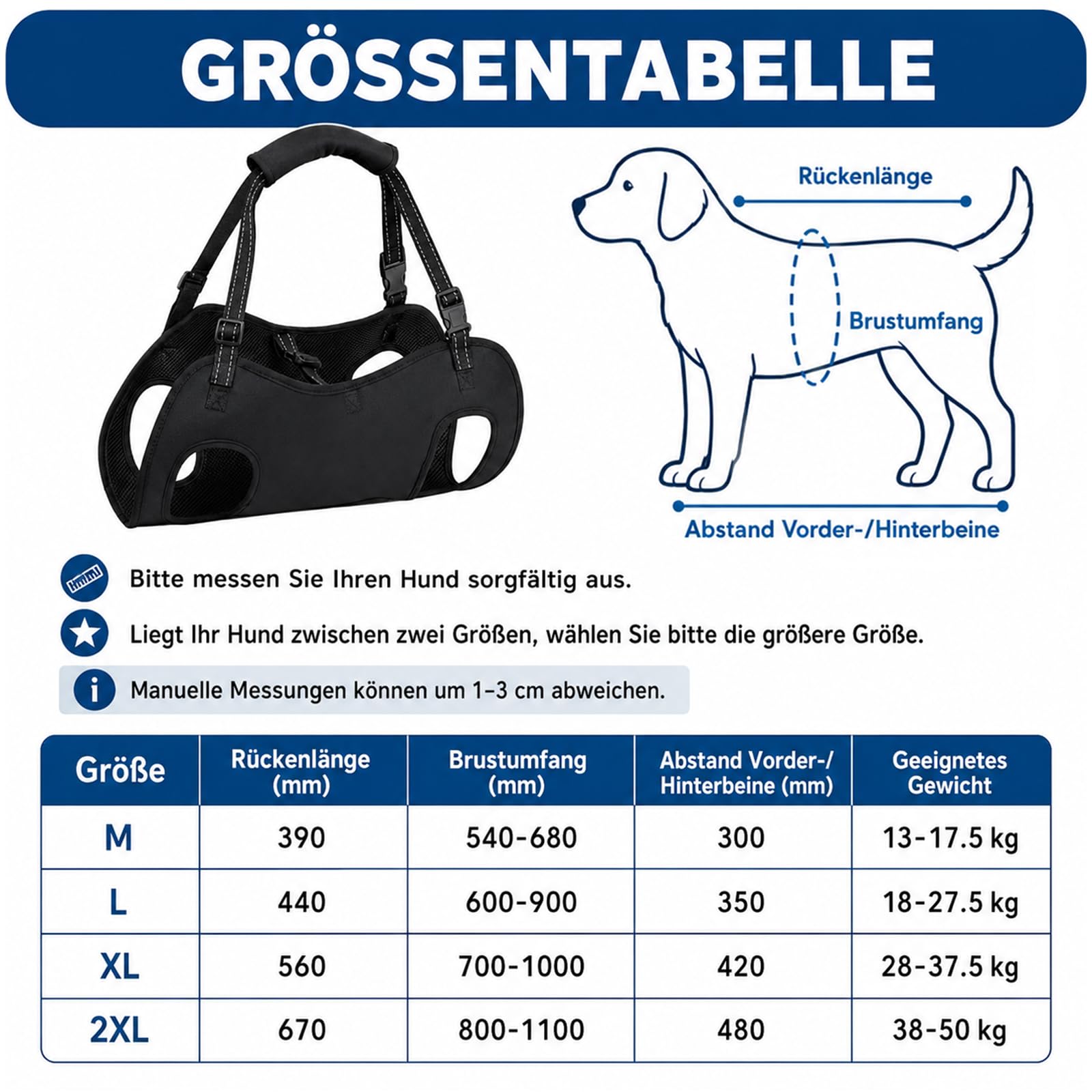 Tragehilfe Hund Groß, Hunde tragehilfe, Tragegeschirr Hund, Arthrose Geschirr Hund, Hundehebegeschirr für Verletzte Oder Ältere, Operation & Gelenkprobleme, Verstellbar & Gepolstert (L)