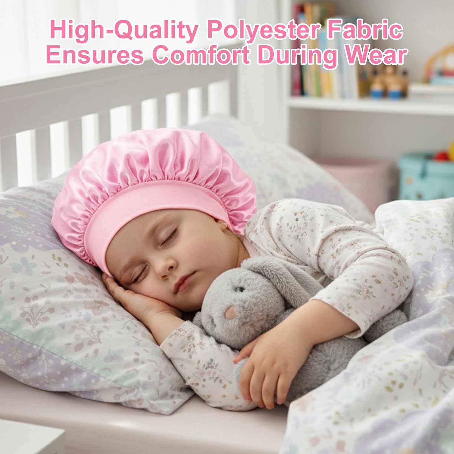 2 PCS Baby Bonnet, 11 Inch Kids Satin Bonnet, Sleeping Cap with Wide Band, Soft Kids Bonnets Solid Color for Natural Hair, Infant & Toddler(Pink+Black)