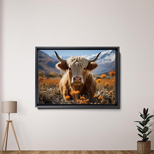 Miniatura 4 de Highland Cow Wall Art, This Is Our Happy Place Inspirational Canvas Poster for Home, Long Haired Scottish Cow with White Flower Picture Farmhouse