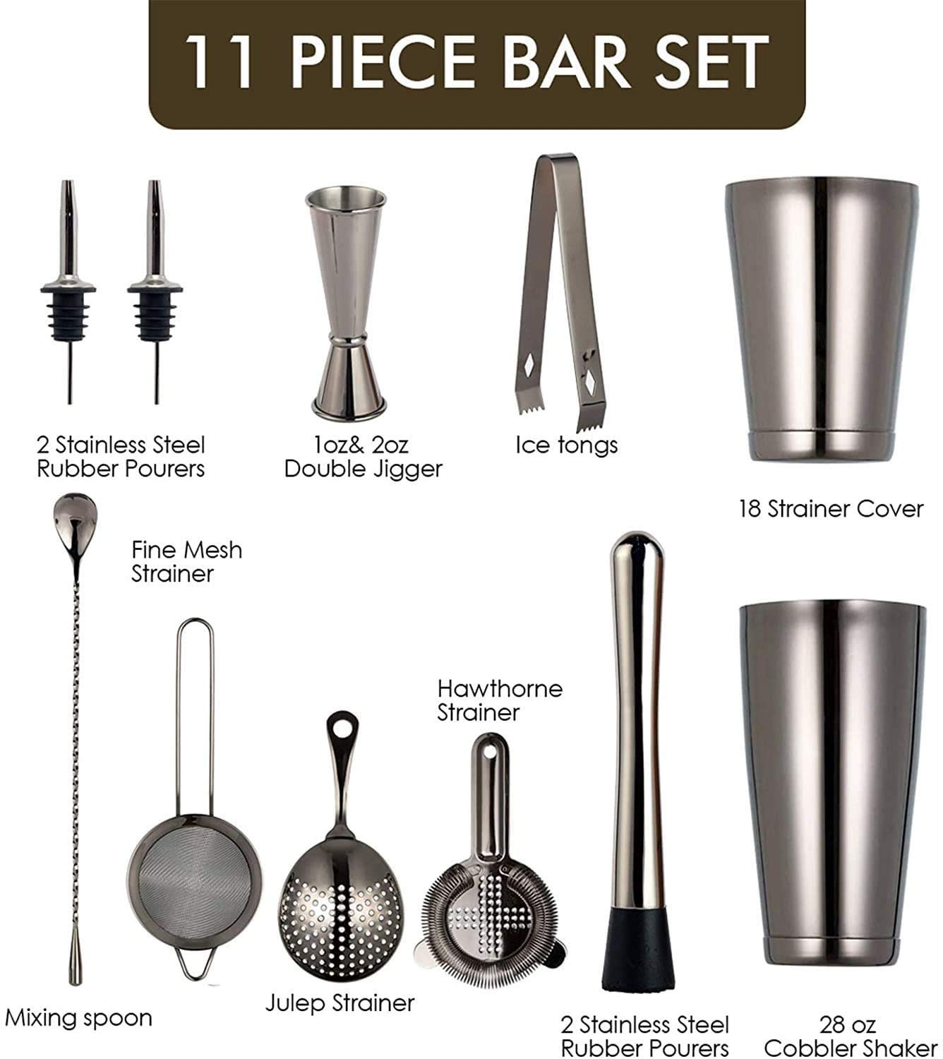 Coctelera de cóctel Kit de barman de 11 piezas - conjunto de agitadores de cóctel de acero inoxidable, herramientas de barra premium: agitador de martini, muddler, jigge, coladores, troncos de l