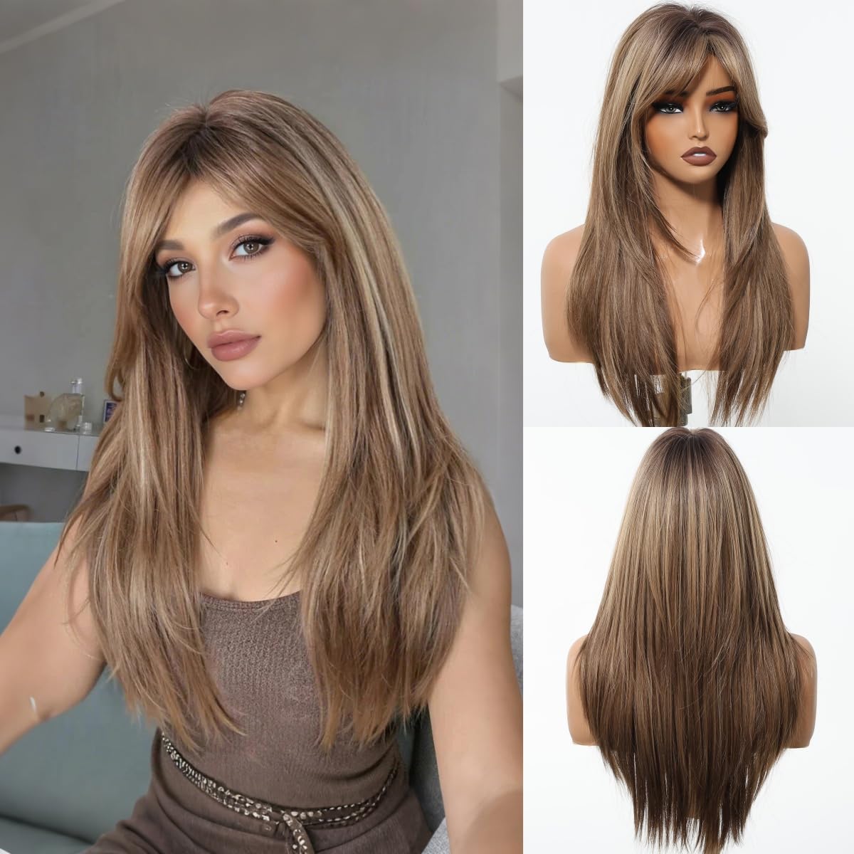 Photo 1 of Novastel Long Straight Human Hair Wig with Bangs - Brown Mixed Blonde (24 Inch)