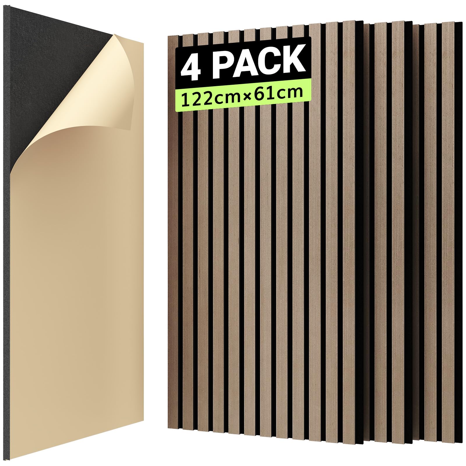 TONOR Akustikpaneele HOLZ Selbstklebend 2,976m²- 4 Stück je 122 x 61 x 2,1 cm, 3D Holzpaneele Wand Lamellenwand, Lärmschutz Interior Wall Decoration in Wood Look für Studio Büro, Braun
