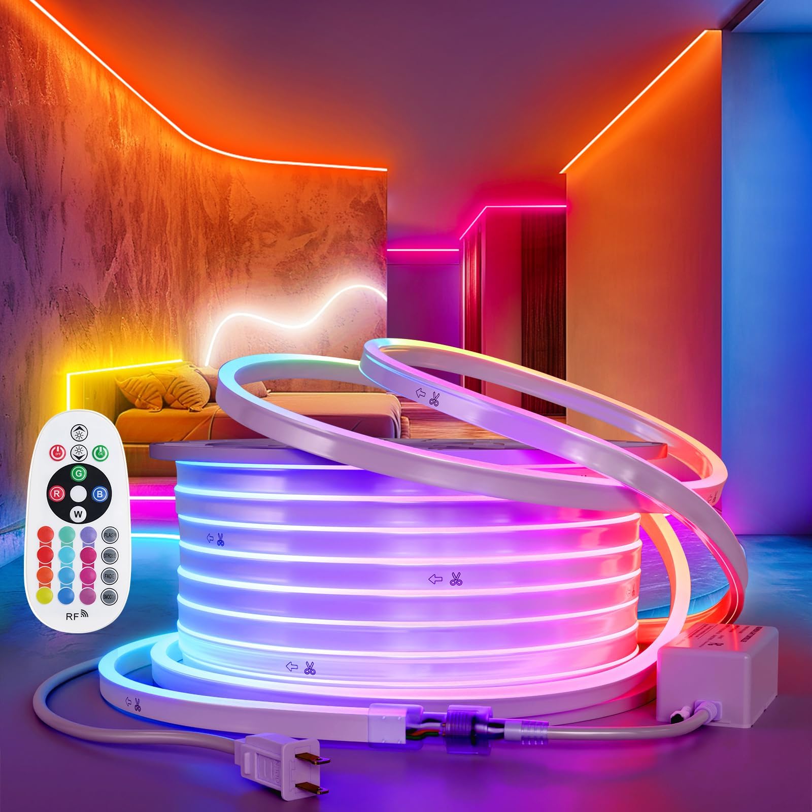 HRGXYUN 131ft RGB LED Neon Rope Light,IP65 Waterproof Dimmable LED Neon ...
