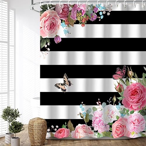 LIVILAN Cortinas de ducha rosas para baño, cortina de ducha floral, diseño floral, mariposa, blanco y negro, juego de cortina de ducha con ganchos,