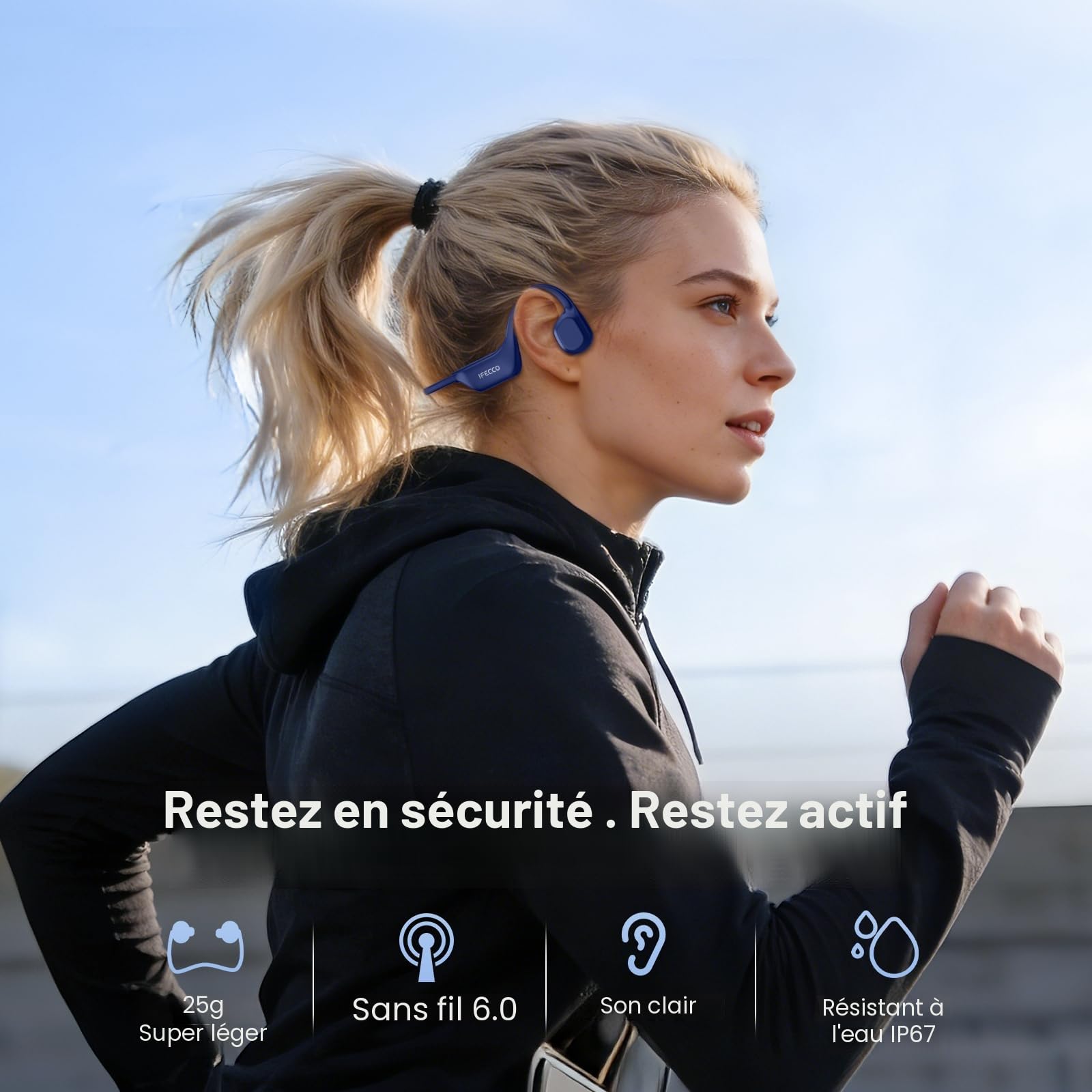 IFECCO Casque Conduction Osseuse Bluetooth 6.0, IP67 Écouteurs à Conduction Osseuse Open Ear Casque de Sport sans Fil avec Micro pour Course à Pied, Sport, Cyclisme, Fitness