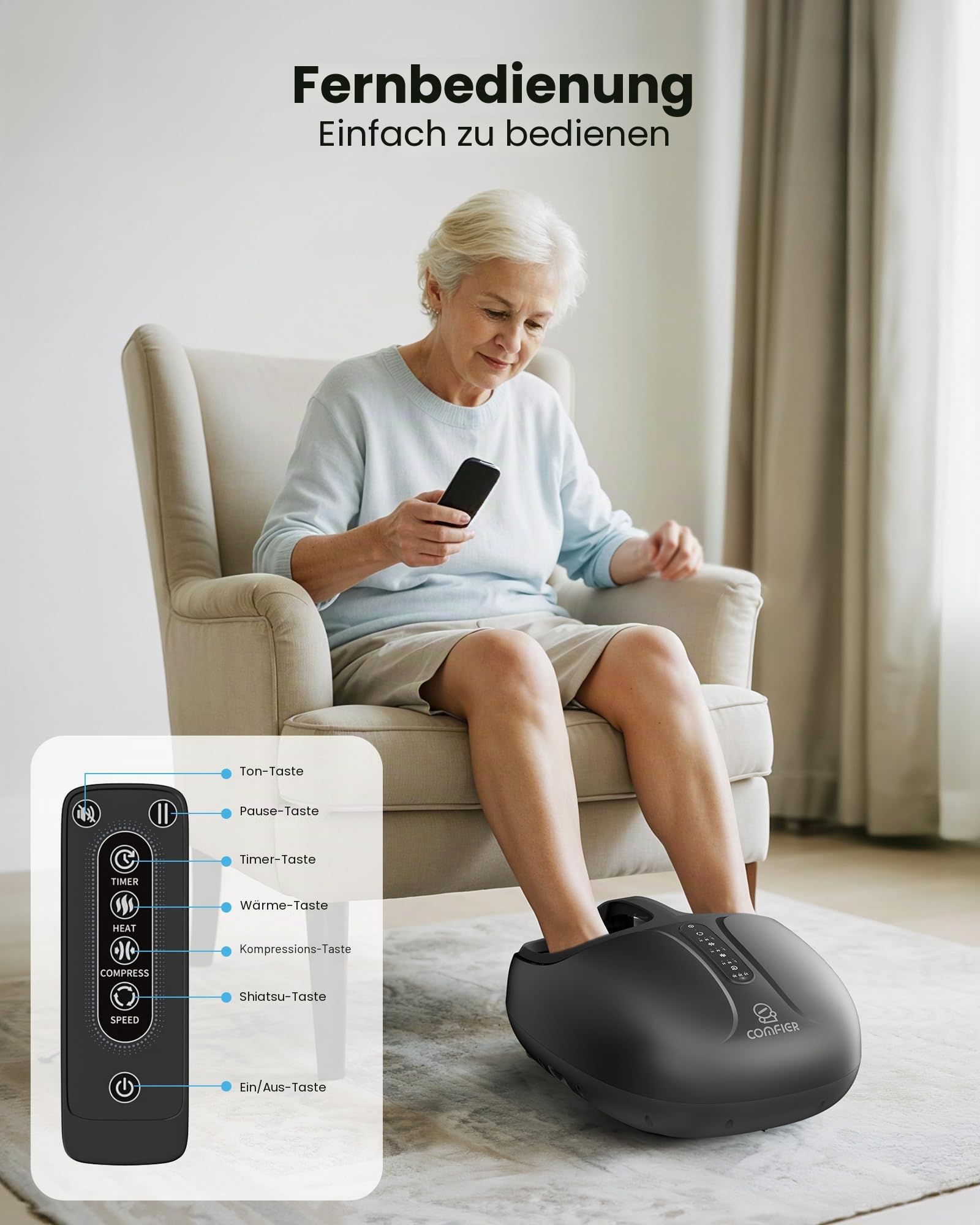 COMFIER Shiatsu Fußmassagegerät mit Wärmefunktion, elektrische Fußmassage mit Knet- und Druckmassage, 3 Intensitätsstufen, Homeoffice, bis EU 46, Geschenk für Frauen und Männer