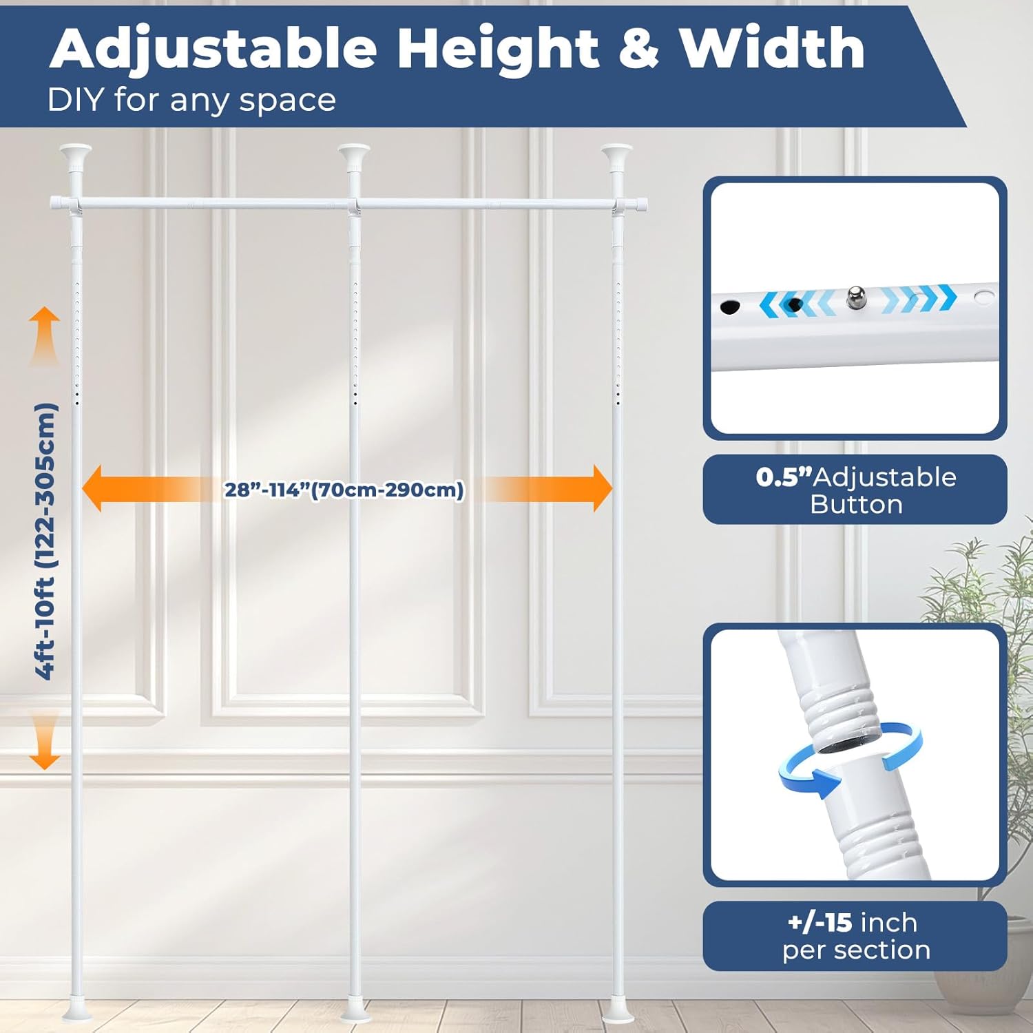 Heavy Duty 1" No-Drill Room Divider Rod - Rustproof Adjustable Tension Pole 4-10ft (H) 28-114inch(W) for Privacy Curtains & Temporary Walls, White