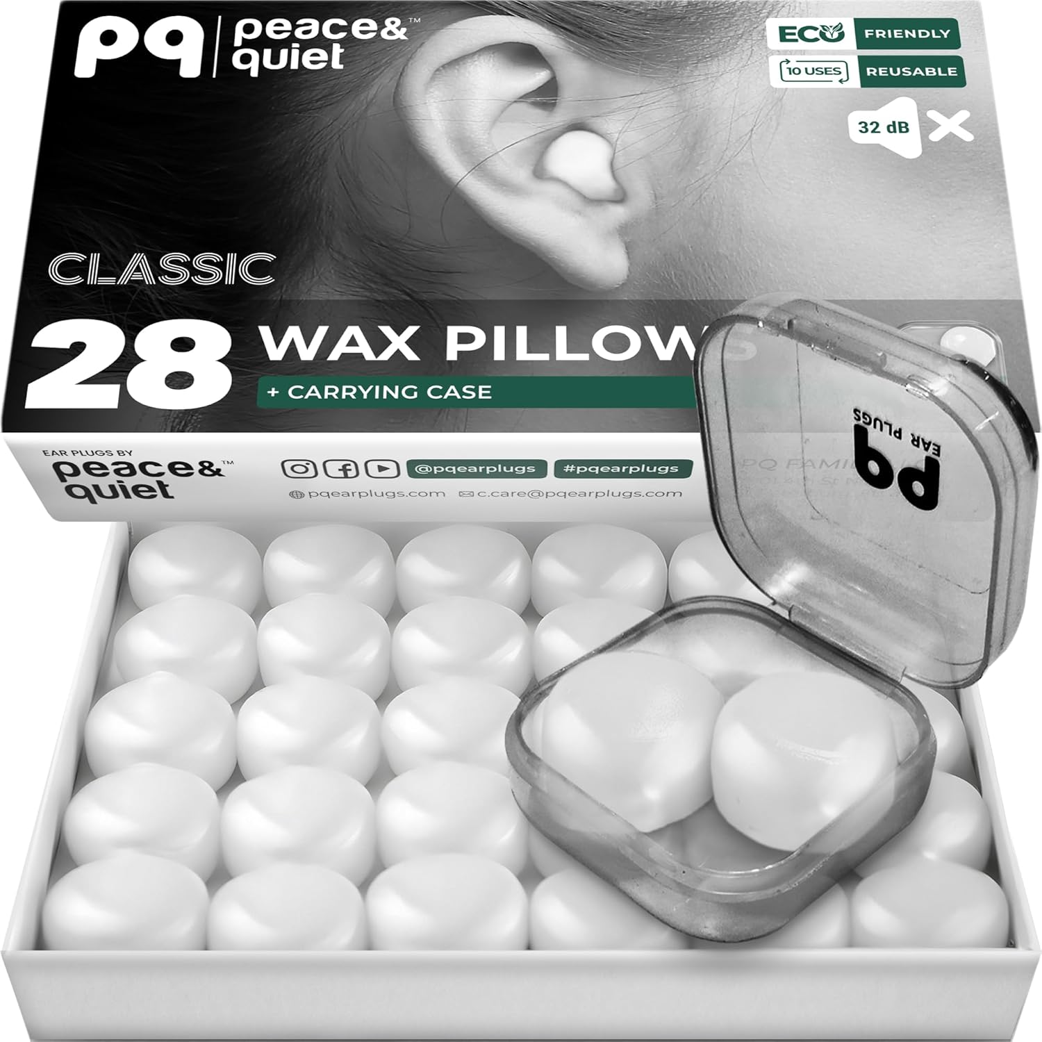 PQ Wax Ear Plugs for Sleeping - 28 Silicone Wax Earplugs for Sleeping and Swimming, Gel Ear Plugs for Noise Cancelling, Sleeping Earplugs, Sound Blocking Level of 32 Db (28 Pillows), Color: White