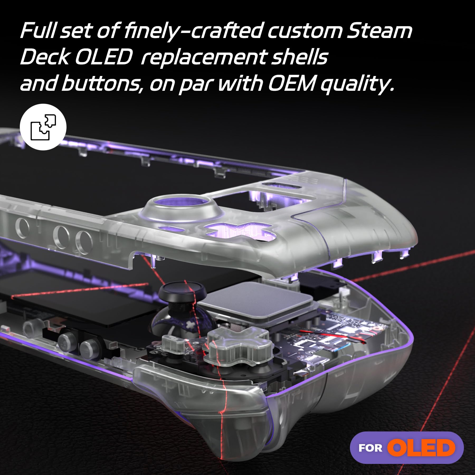 eXtremeRate Cover Custodia Tasti Pulsanti per Steam Deck OLED,Scocca Case Frontale Posteriore Trackpad DIY Ricambio per Steam Deck OLED Console(Senza Console)-Trasparente Illuminare