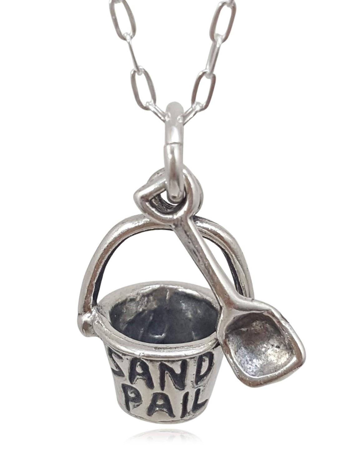 Sterling Silver Sand Pail and Shovel Beach Bucket 3D Charm Necklace, 18" Handmade