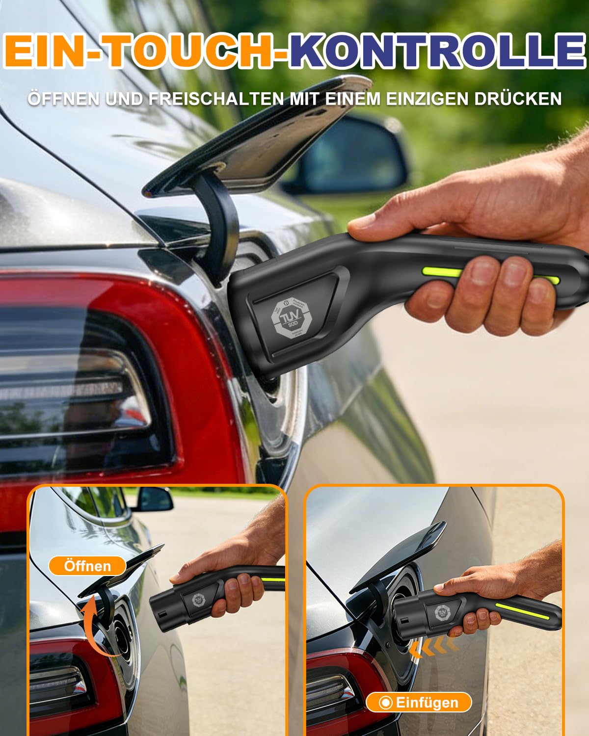 Typ 2 Ladekabel Schuko 10m 3,68kW, EV Ladegerät 6-16A einstellbar, 1-phasig Elektroauto Ladekabel mit LED-Anzeige, tragbare Ladestation IP65 für PHEV/EV (HPO - 3.7KW, 10M)