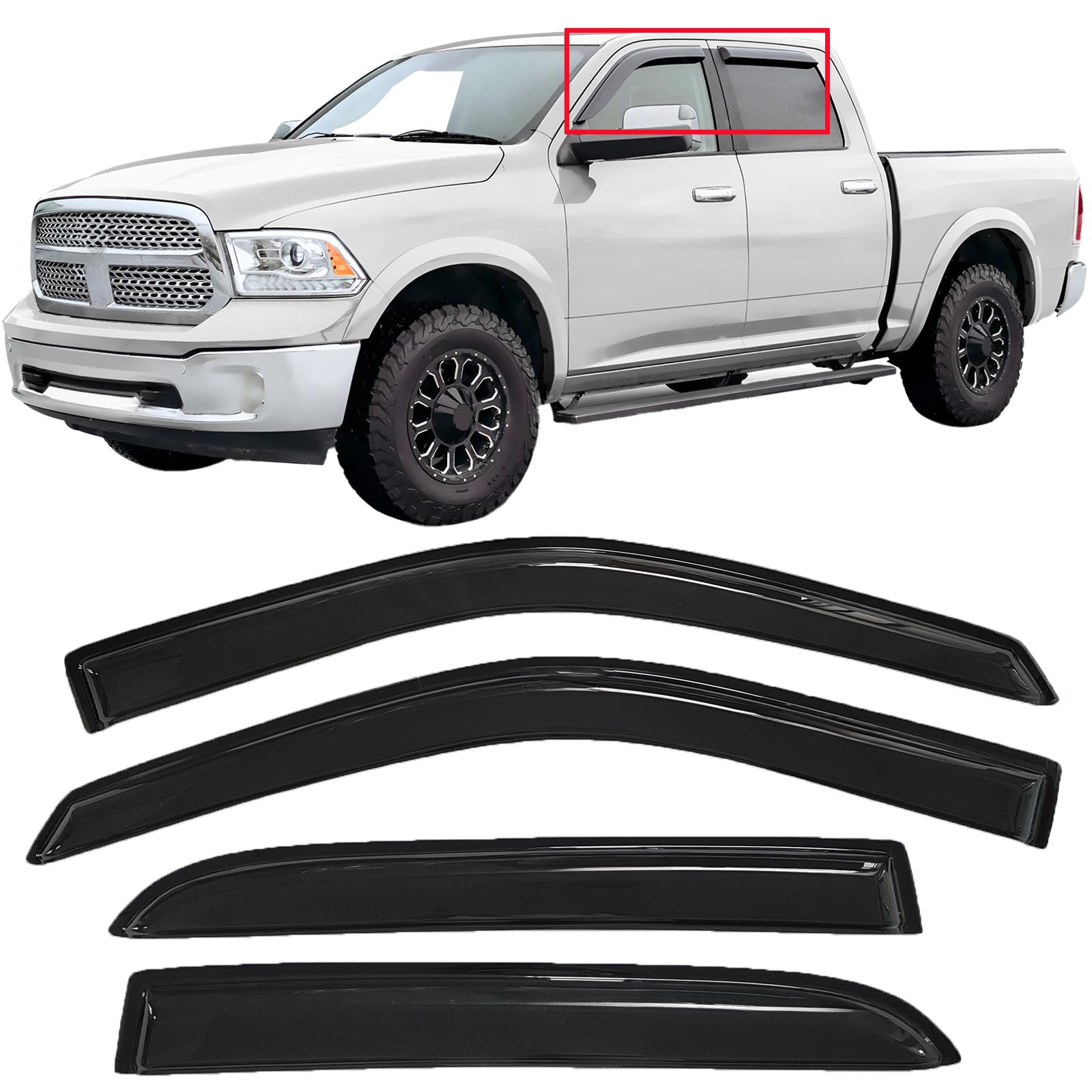 Tape On Window Visors Rain Guards Deflectors for 2009-2018 Ram 1500 Crew/Mega Cab/Full-Size Cab, Side Vent Visors Shades for 2010-2024 Ram 2500 & 3500, 2019-2024 Ram 1500 Classic Body Models Only
