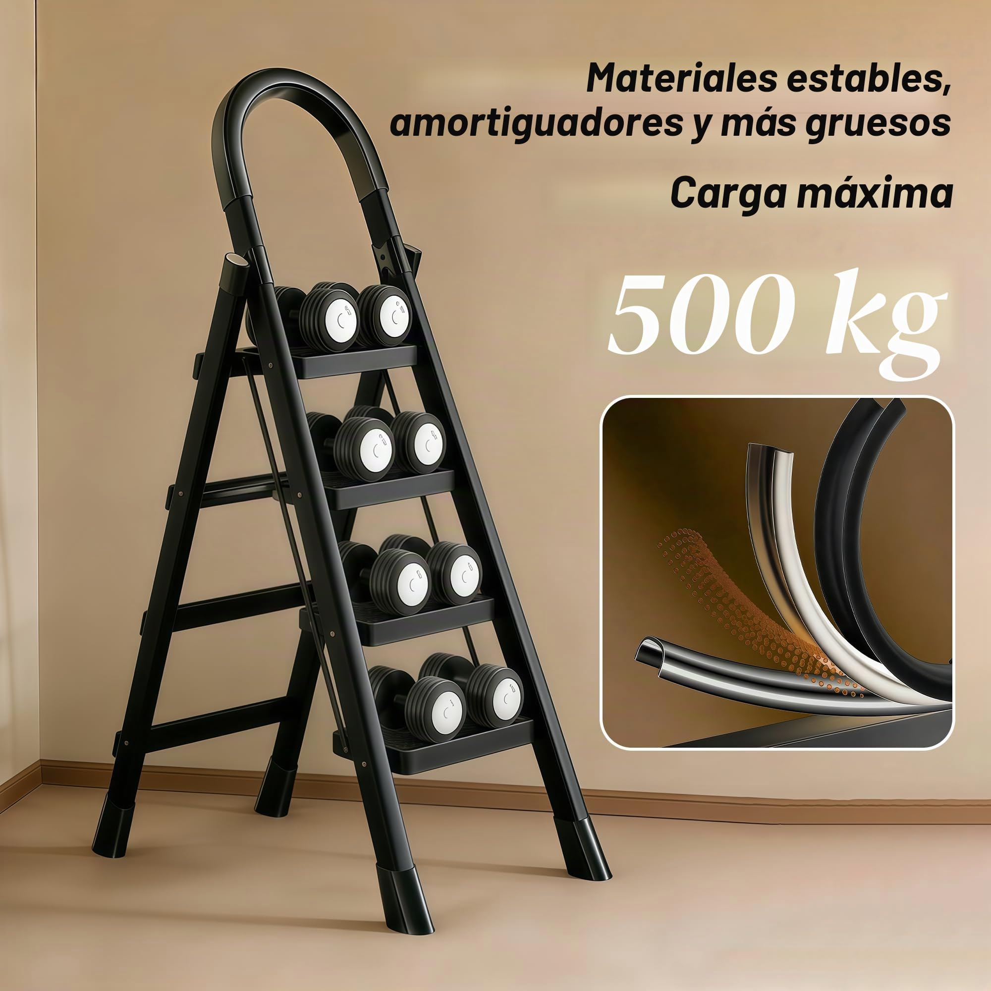 Escalera 5 PedañOs con Acero Inoxidable,Escalera Escaleras Plegables Bandeja de Herramientas,Escalera Plegable Alfombrillas Antideslizantes,Carga Maxima 150kg Blanco Negro