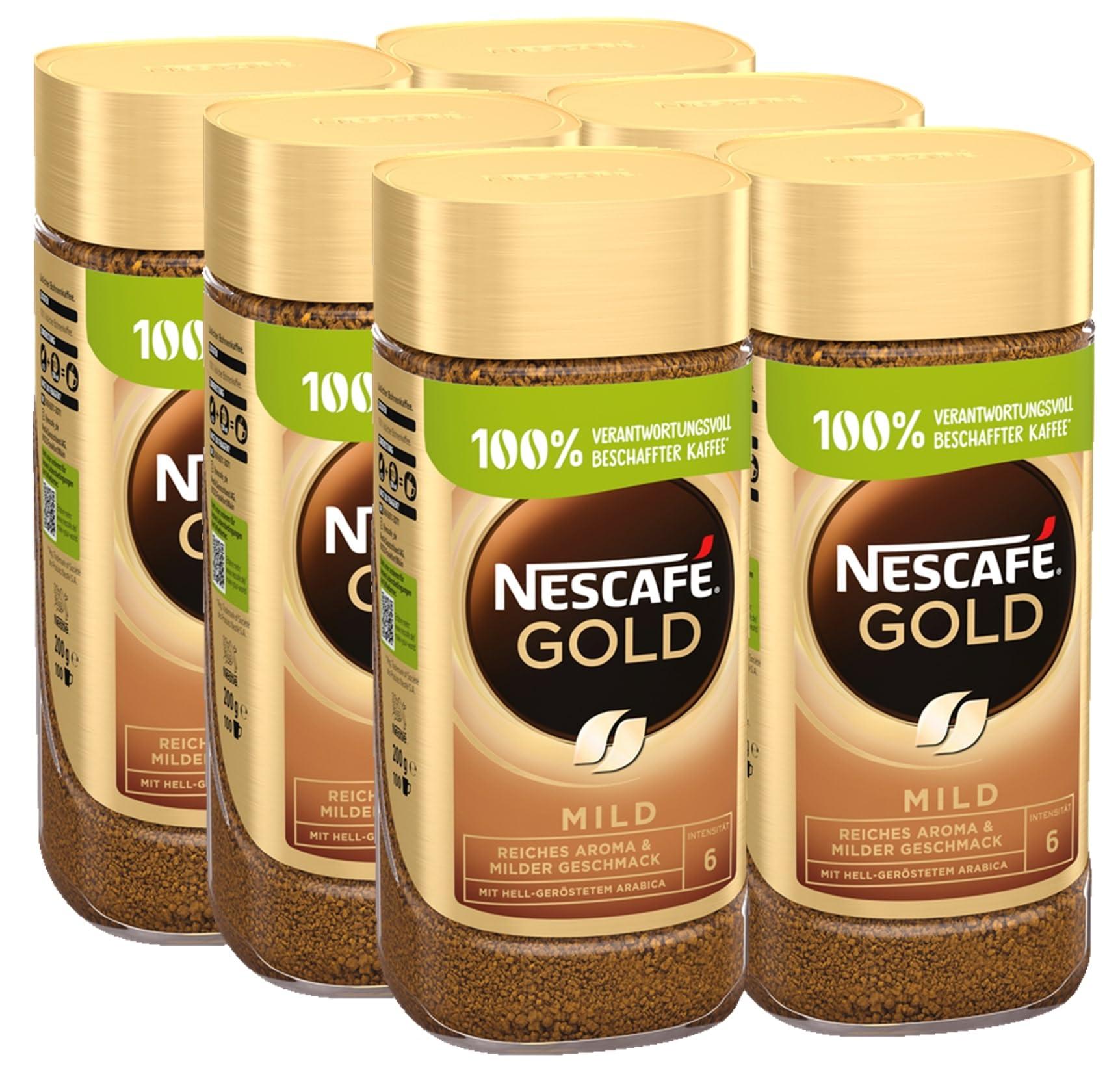 NESCAFÉ GOLD Mild, löslicher Bohnenkaffee, Instant-Kaffee aus erlesenen Kaffeebohnen, koffeinhaltig, 6er Pack (6x200g)