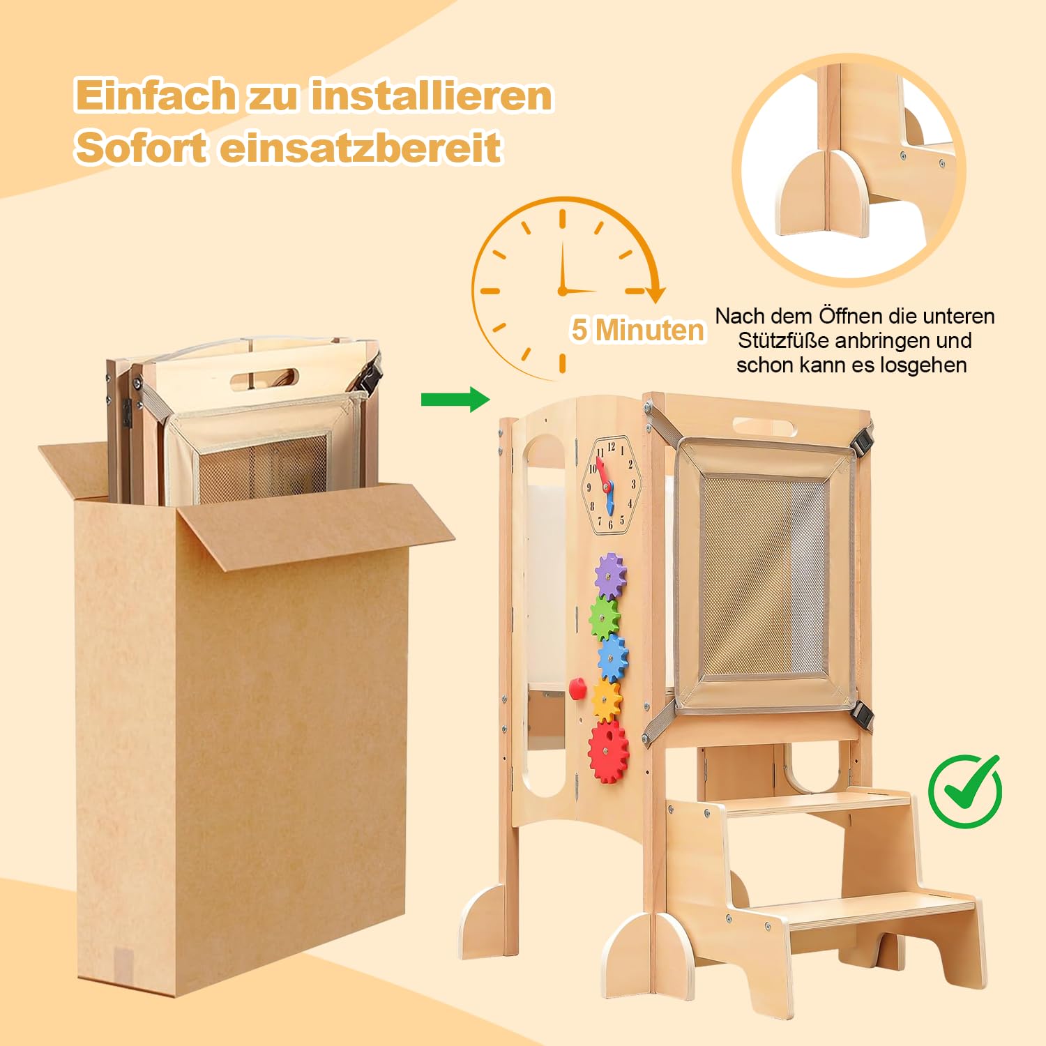 Pieghevole Torre di Apprendimento, Torre Montessori per bambini con Lavagna, Tabellone dei Giocattoli, 100% Betulla Naturale, 360° Rete di Sicurezza, Protezione Antiribaltamento, Assemblato