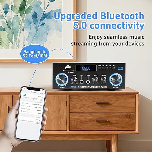 Miniatura 5 de AK50 Amplificador de audio estéreo, máximo 800 W, receptor estéreo de 2.0 canales con subwoofer activo, amplificador para el hogar, radio FM, USB,