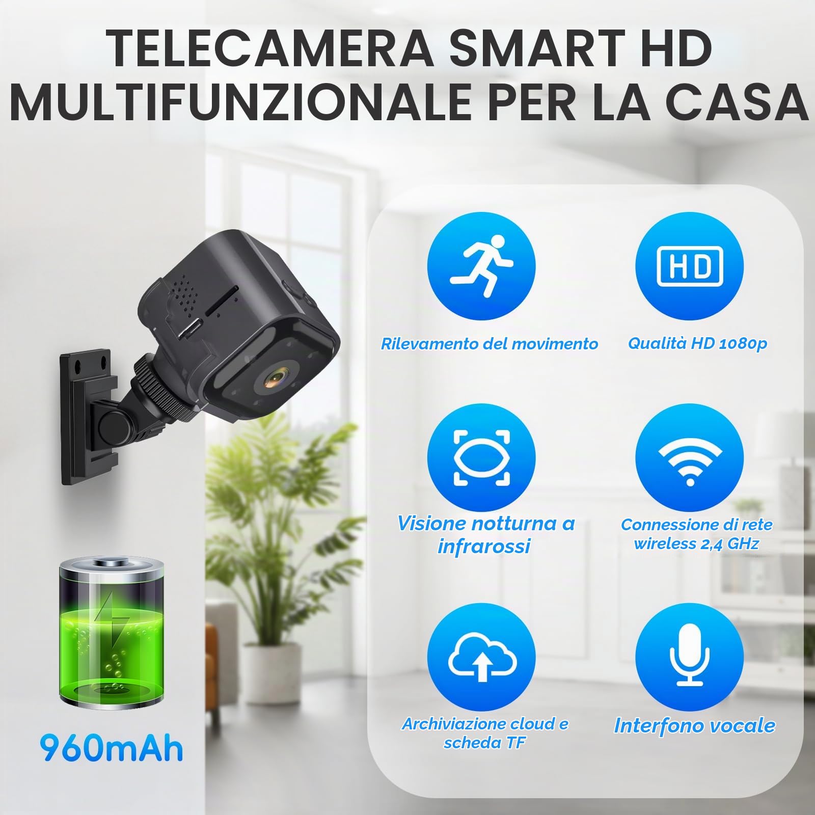 Mini Telecamera Senza Fili, Videocamera Sorveglianza HD, Microcamera | Telecamera WiFi Interno, Visione Notturna, Audio Bidirezionale, rilevazione di movimento, HD 1080p, Per Casa/Bambini