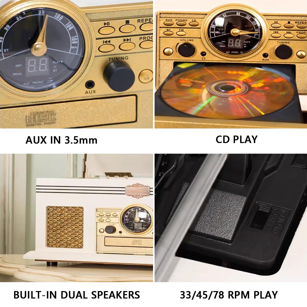 Fonógrafo Retro, Tocadiscos De Vinilo De La Vieja Escuela, Caja De Reproducción De Vinilo Vintage, Máquina De Discos Integrada De CD De Vinilo, Altavoces Duales Integrados De 10 W,Blanco