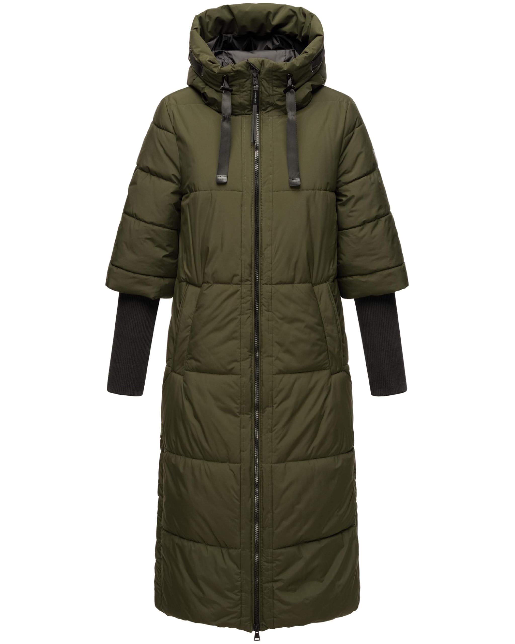Navahoo Women's Dark Olive Long Winter Coat, Warm Quilted Coat With Hood And Ribbed Knit Sleeves Ciao Miau Xiv Xs-3Xl, S