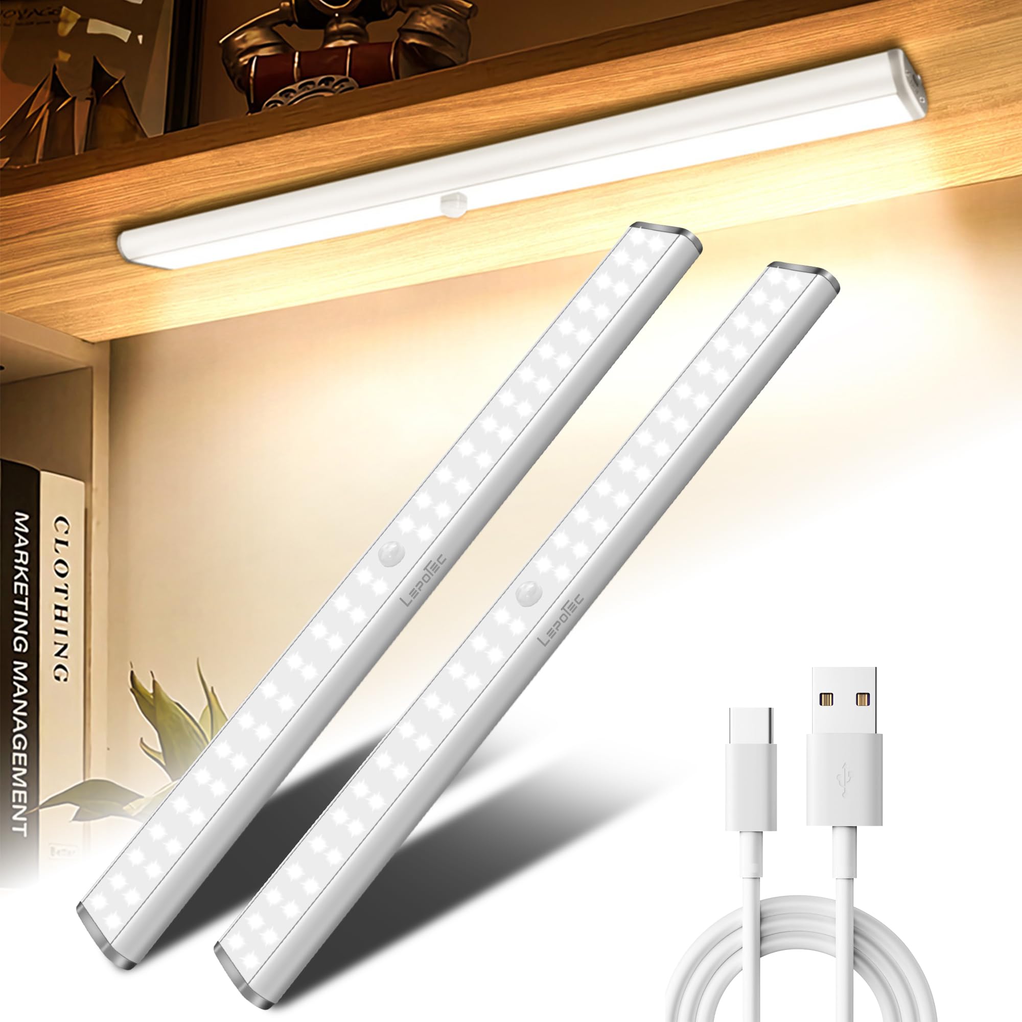 LEPOTEC Luce Armadio da 52 LED per Utilizzo Interno, Illuminazione a Batteria Ricaricabile con Sensore di Movimento, per Armadi, Cassetti, Corridoio, Camera da Letto, Colore Argento, 2 Pezzi