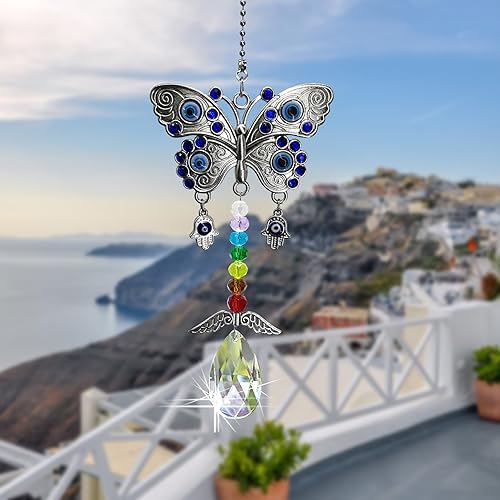 Miniatura 5 de Abalorio colgante de coche para espejo retrovisor, mariposa azul de ojo malvado, accesorios para colgar en el auto, para mujeres y hombres,