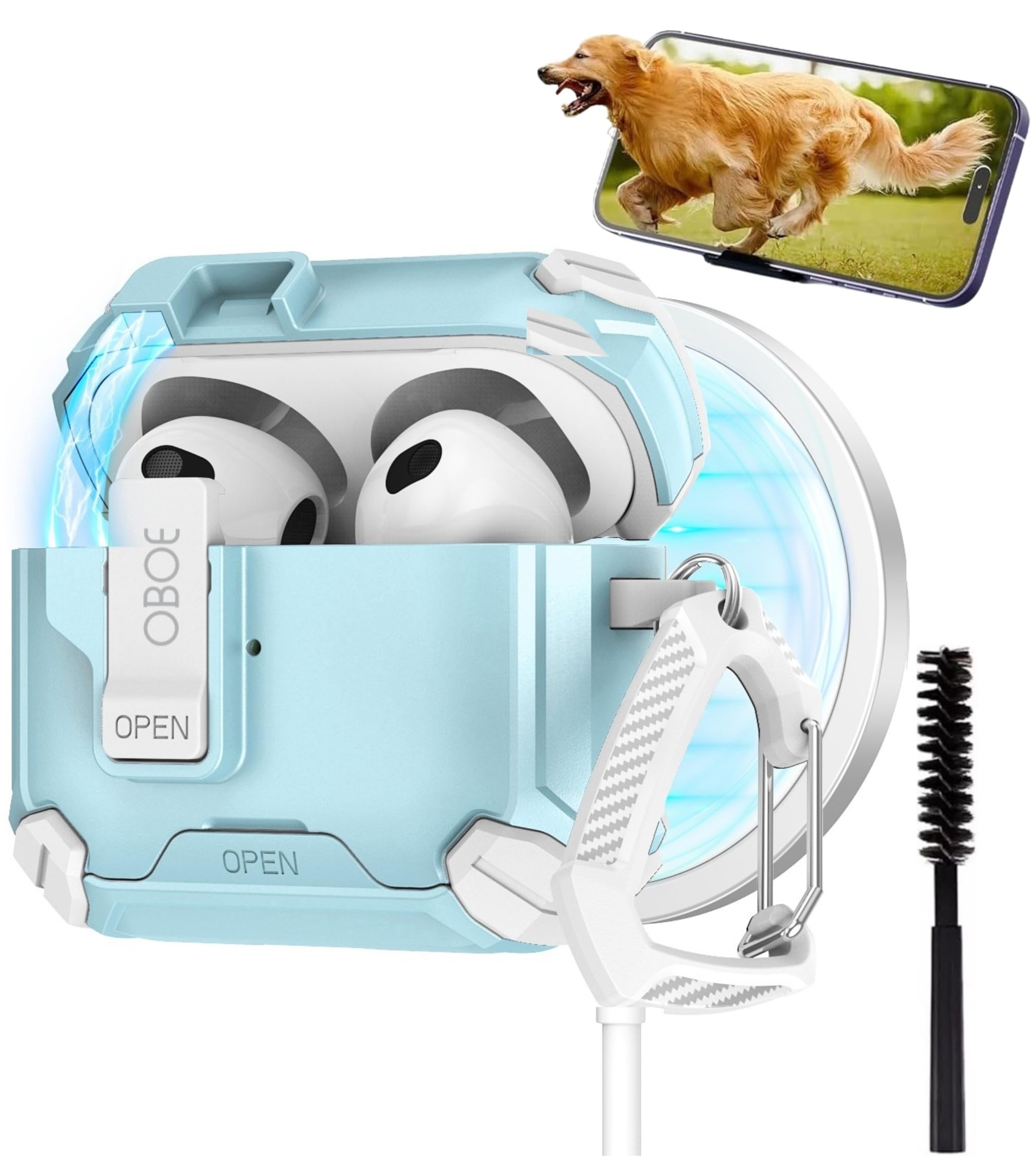 Oboe Tough Case 'Compatible with' Apple Airpods 4 Case with Phone Stand, Secure Lock Clip & Keyring (Sky Blue) [Airpods & ChargingCase NOT Included]-image-48