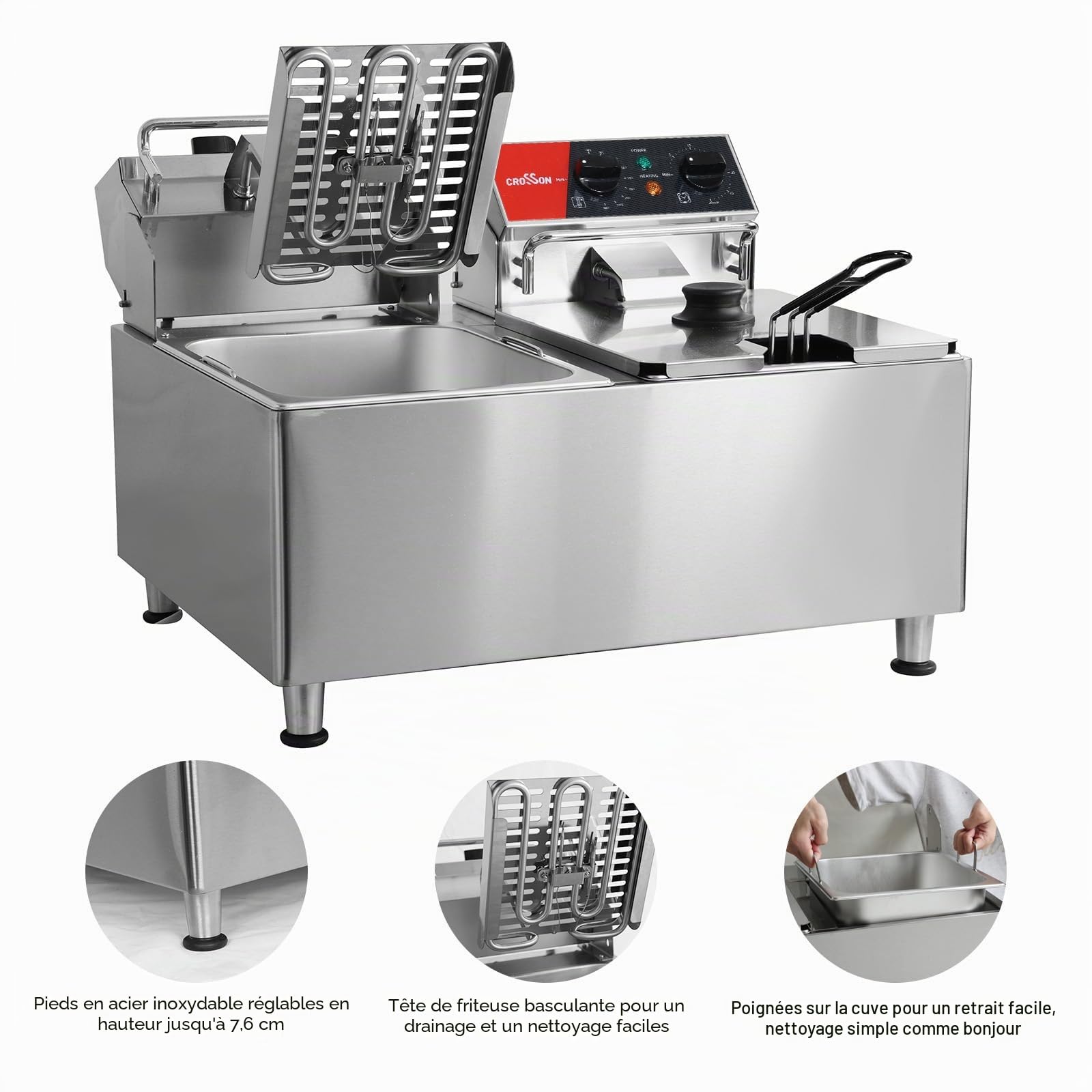 crosson Friteuse électrique CROSSON 16 L à double réservoir avec tête de friteuse rotative, minuterie de 30 minutes, thermostat EGO, friteuse de comptoir pour usage commercial