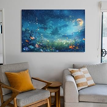 Amazon.co.jp: 絵画 美しい星空と月と夜の花畑 アートパネル
