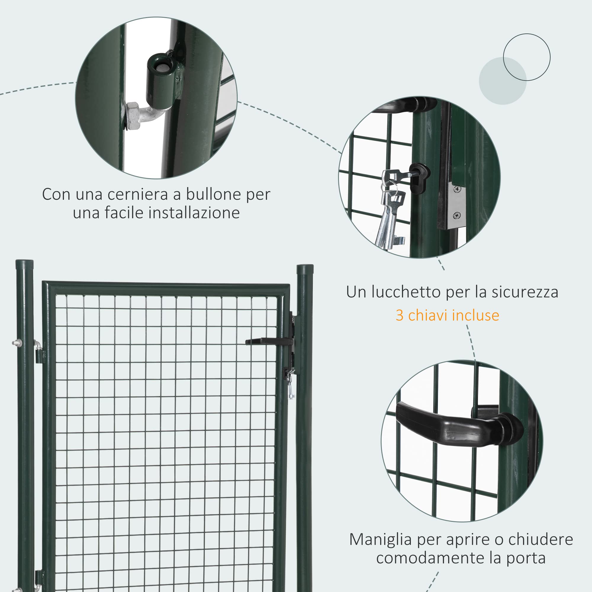 HOMCOM Cancello da Giardino in Acciaio Antiruggine, Cancelletto da Giardino con Serratura e 3 Chiavi, 97x150cm, Verde