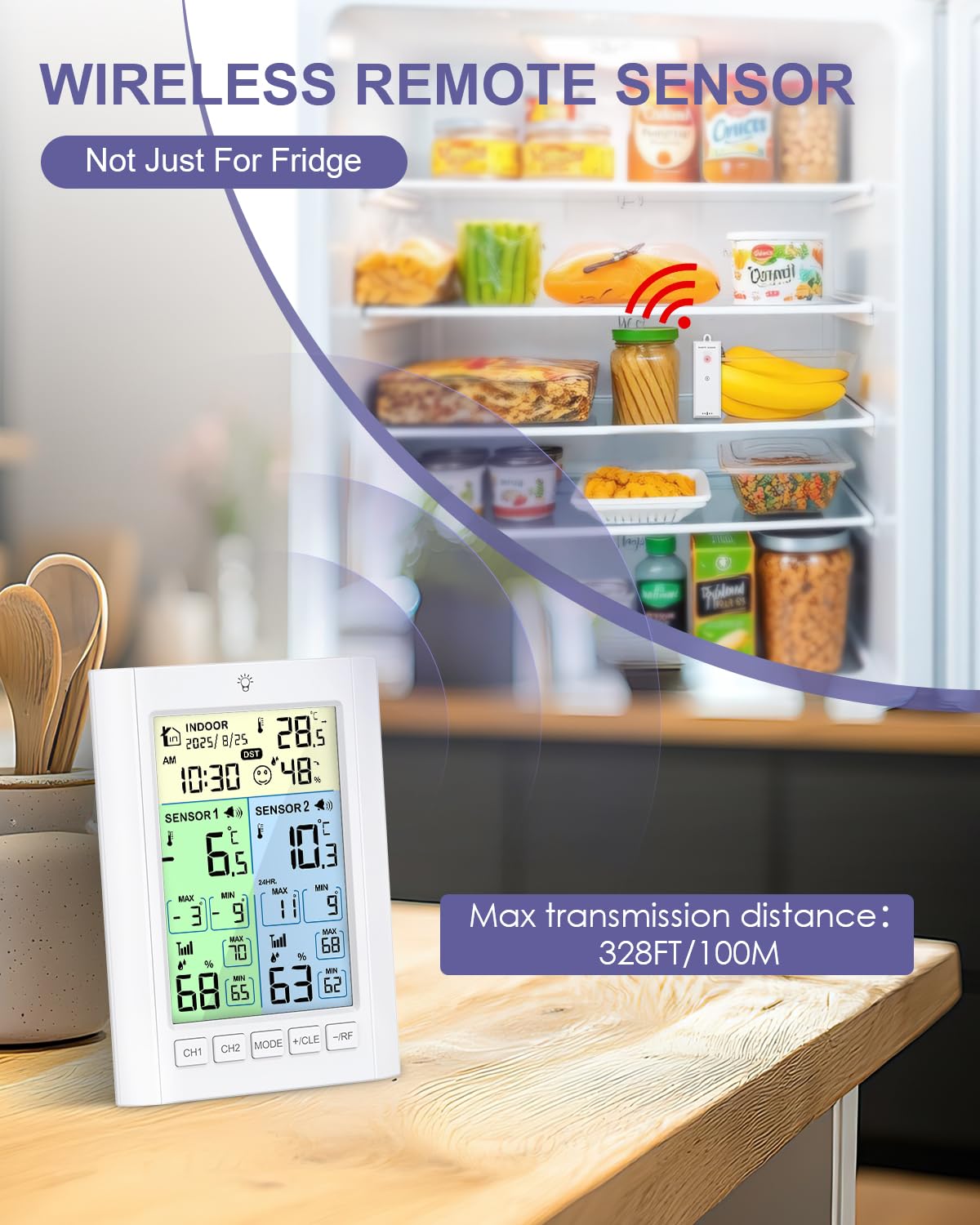 Digitales Kühlschrankthermometer, Gefrierschrank Thermometer mit 2 Sensoren, LCD Farbbildschirm mit Alarm, Hintergrundlicht, Max/Min, Zeit Kalender, DST, ℃/℉, Dual-Power-Modus für Küche
