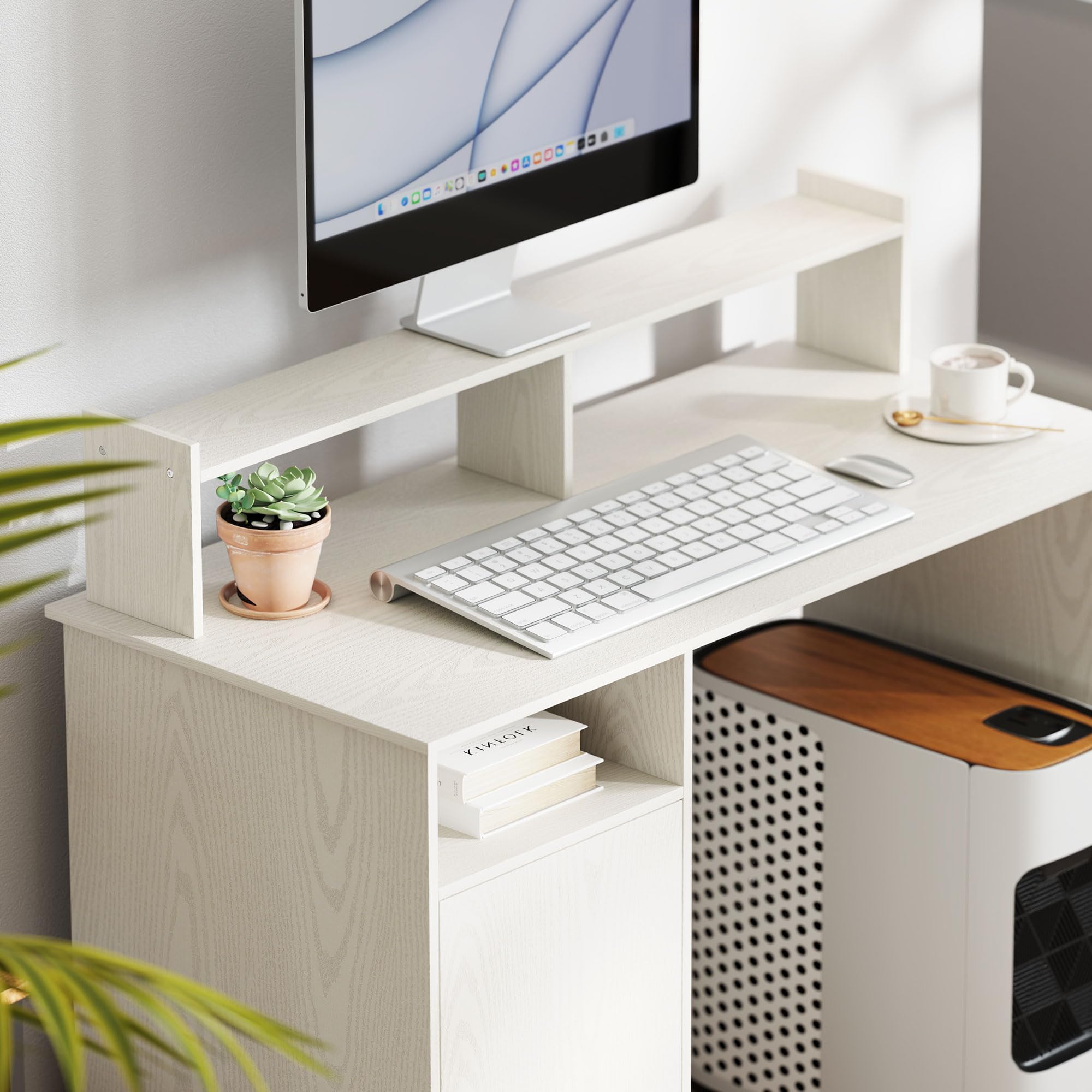 HOMCOM Escritorio con Estantería Moderno con Puerta 108x50x94 cm Crema | Compartimentos Abiertos, Soporte para Monitor, Mesa para Estudio, Dormitorio, Hogar, Oficina