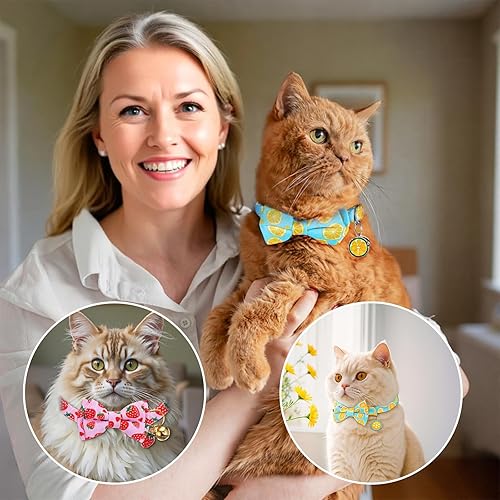 Ouligay 2PCS Breakaway Cat Collars for Girl Cats with Bow Tie Bell Lemon Strawberry Cat Bowtie Collar Cute Adjustable Kitten Collars for Male Female Cats