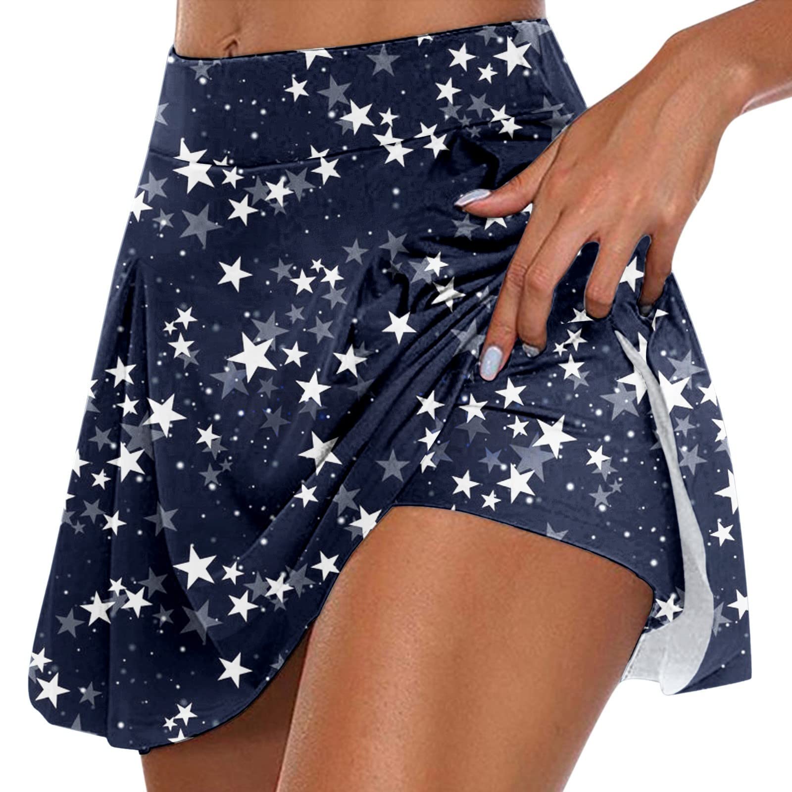 GenericWomen's Casual Sport Color Block Stars Print Independence Day Athletic Skirts Skirt with Shorts Golf Skorts for Women
