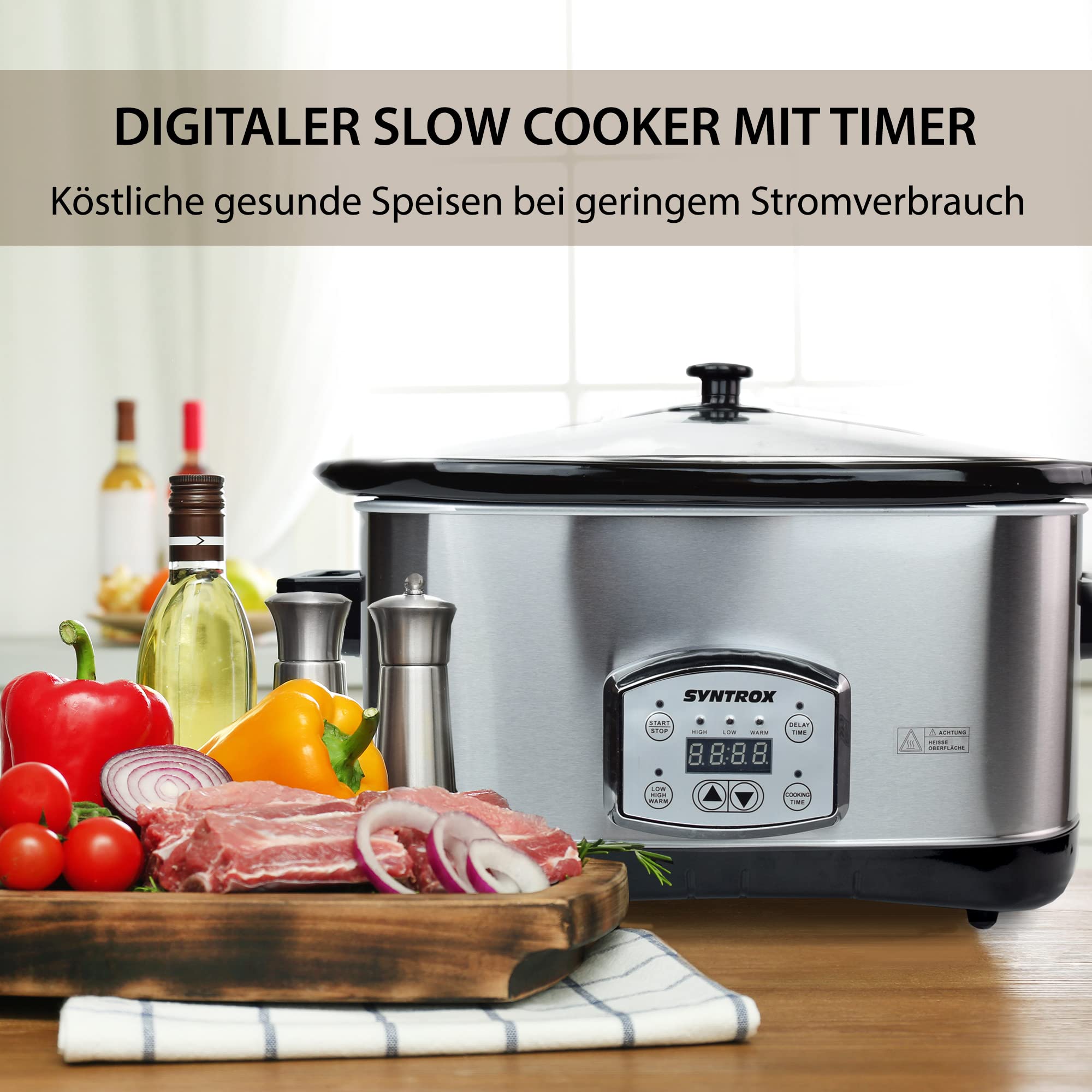 Syntrox Germany Digitaler Slow Cooker Schongarer 7,5L mit 3 Heizstufen, Timer und Warmhaltefunktion - Leistung 320 Watt