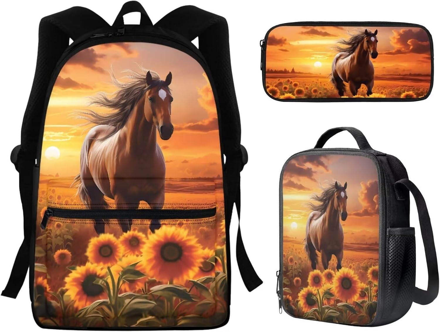 Sunflower Horse School Bag Elementary Backpack for Girls with Lunch Box Pencil Case 3PCS Primary Middle High School Back Packs Satchel for Kids Boys Back to School Daycare Bag Rucksack