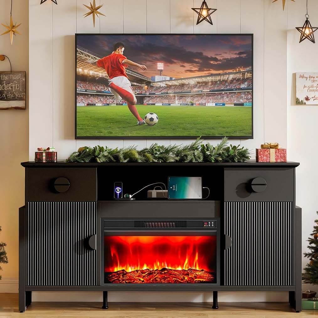 HolliWill 70" Fluted Fireplace TV Stand for 75/80 inch TV, Modern Entertainment Center with 30" Electric Fireplace, Built-in Charging & Large Drawers, Storage Cabinets for Living Room,Black