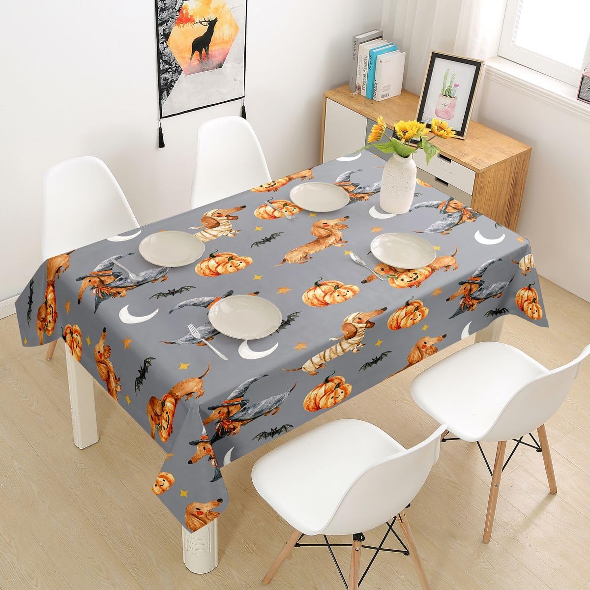 Manfei Funny Duck Tablecloths,Stars Happy Halloween Bats Table Cover,Cartoon Farmhouse Animal Table Cloth,Beige Table Accessories for Kitchen,Square 55"x55" image 4