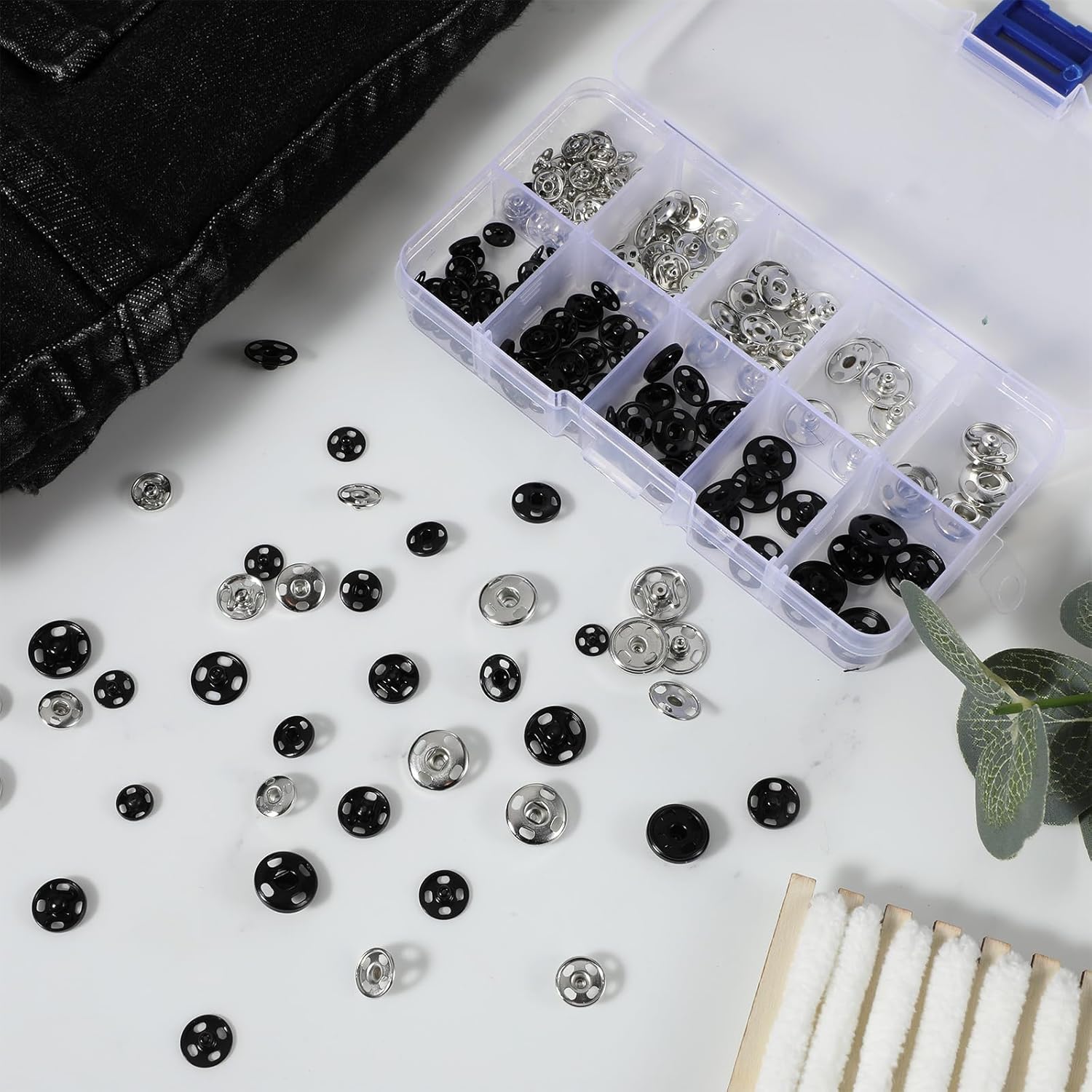 100 Sets Black Snaps for Sewing, Clothing Snaps Sew on Snap Buttons Metal Snap Button Kit 4 Size Fasteners Press Studs Buttons for Sewing Clothing