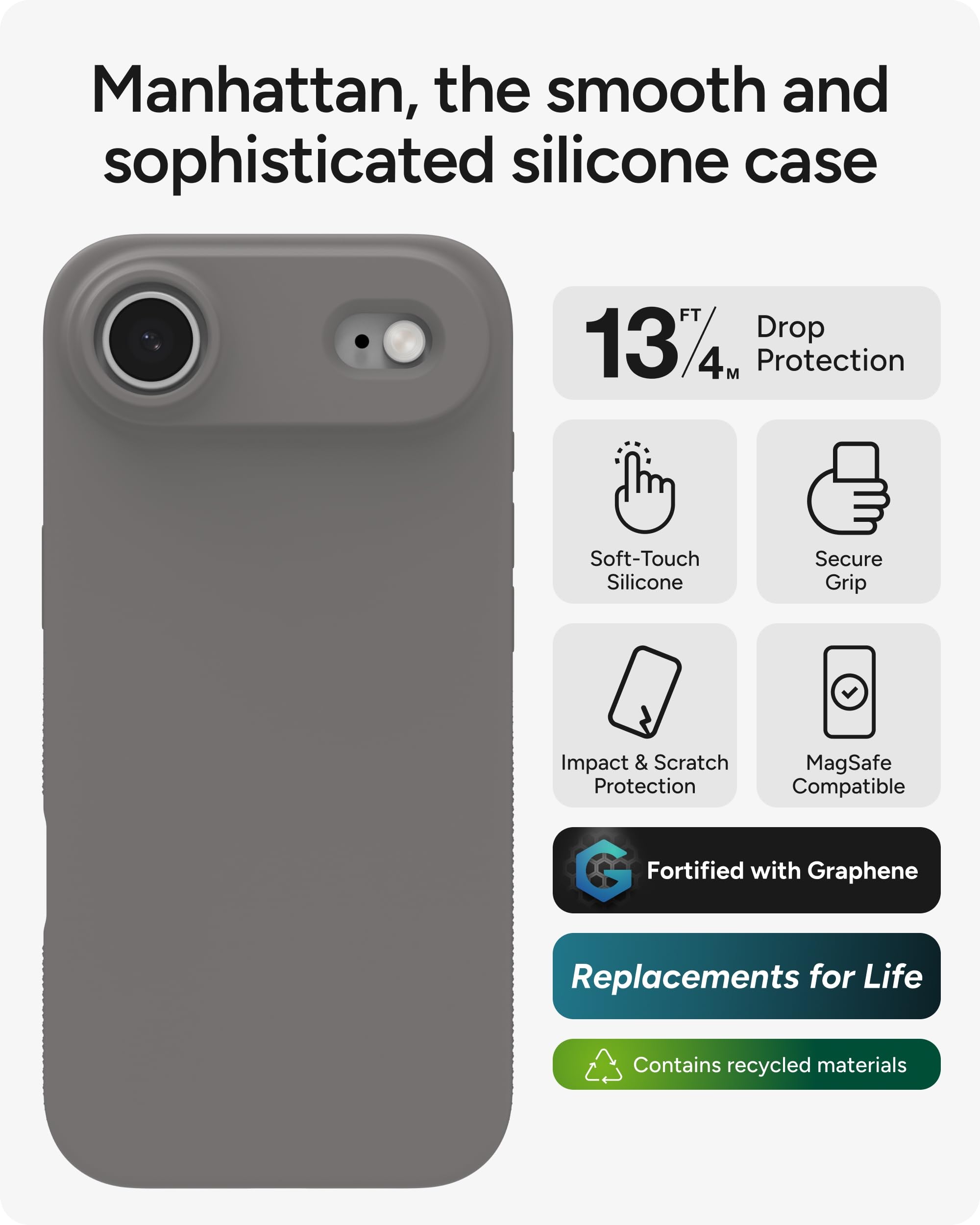 ZAGG Manhattan Snap - Funda para iPhone Air, arcilla gris, protección contra caídas (4 m), silicona suave al tacto, delgada y ligera, superficie lisa y agarre antideslizante, compatible con MagSafe