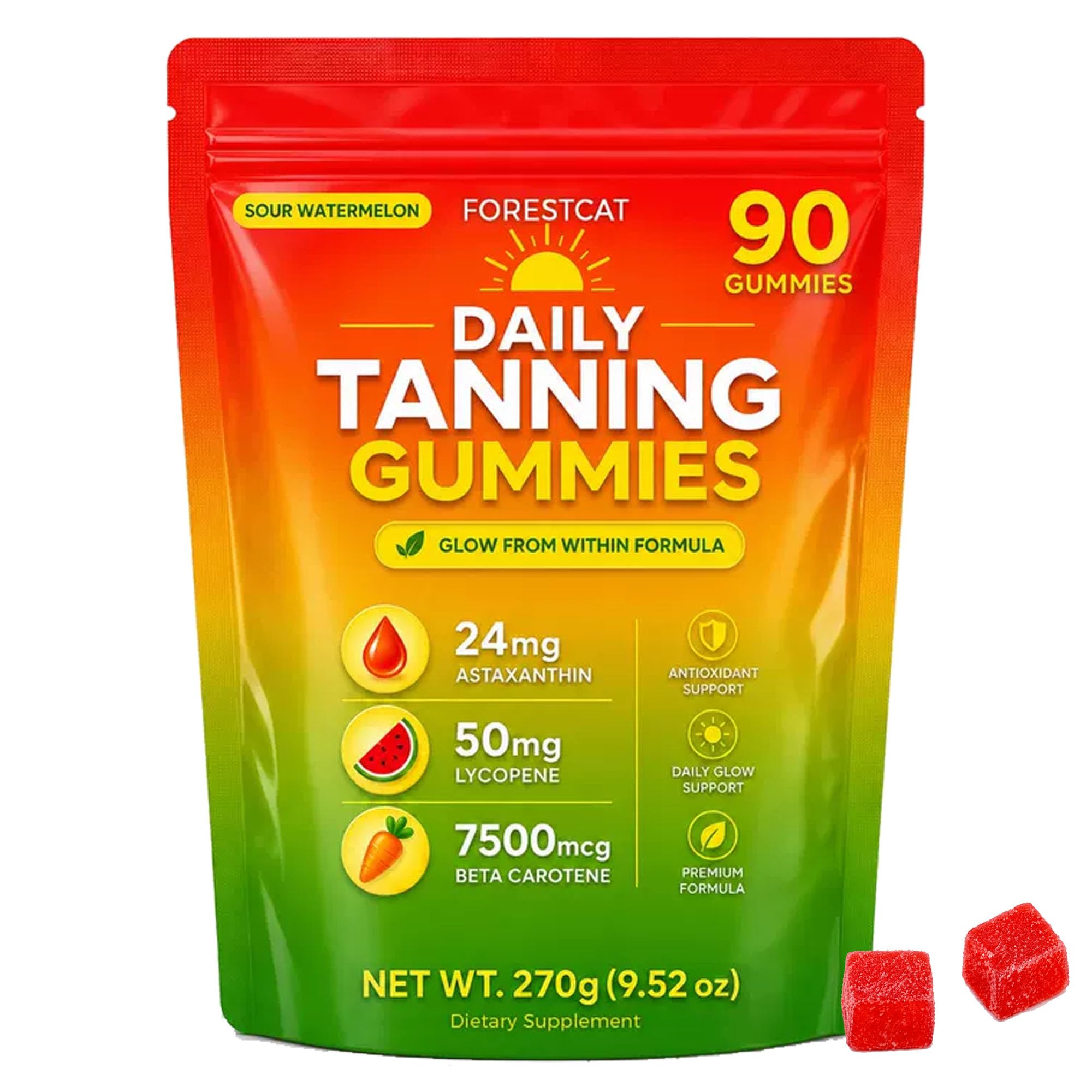 Tanning Gummies, Tanning Gummies for Women, Astaxanthin, Lycopene & Beta Carotene, Sour Watermelon Flavor Gummies, Daily Glow Support Formula, 90 Gummies